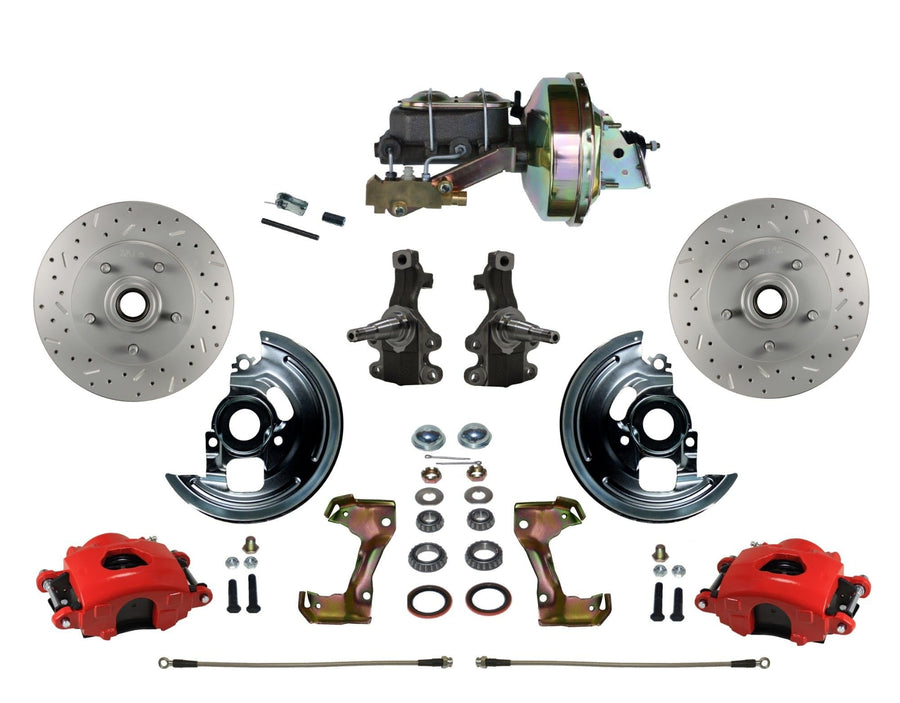 Power Front Disc Brake Kit LEED BRAKES 2" Drop Spindle Drilled And Slotted Rotors Red Powder Coated Calipers 9" Booster Disc/Drum
