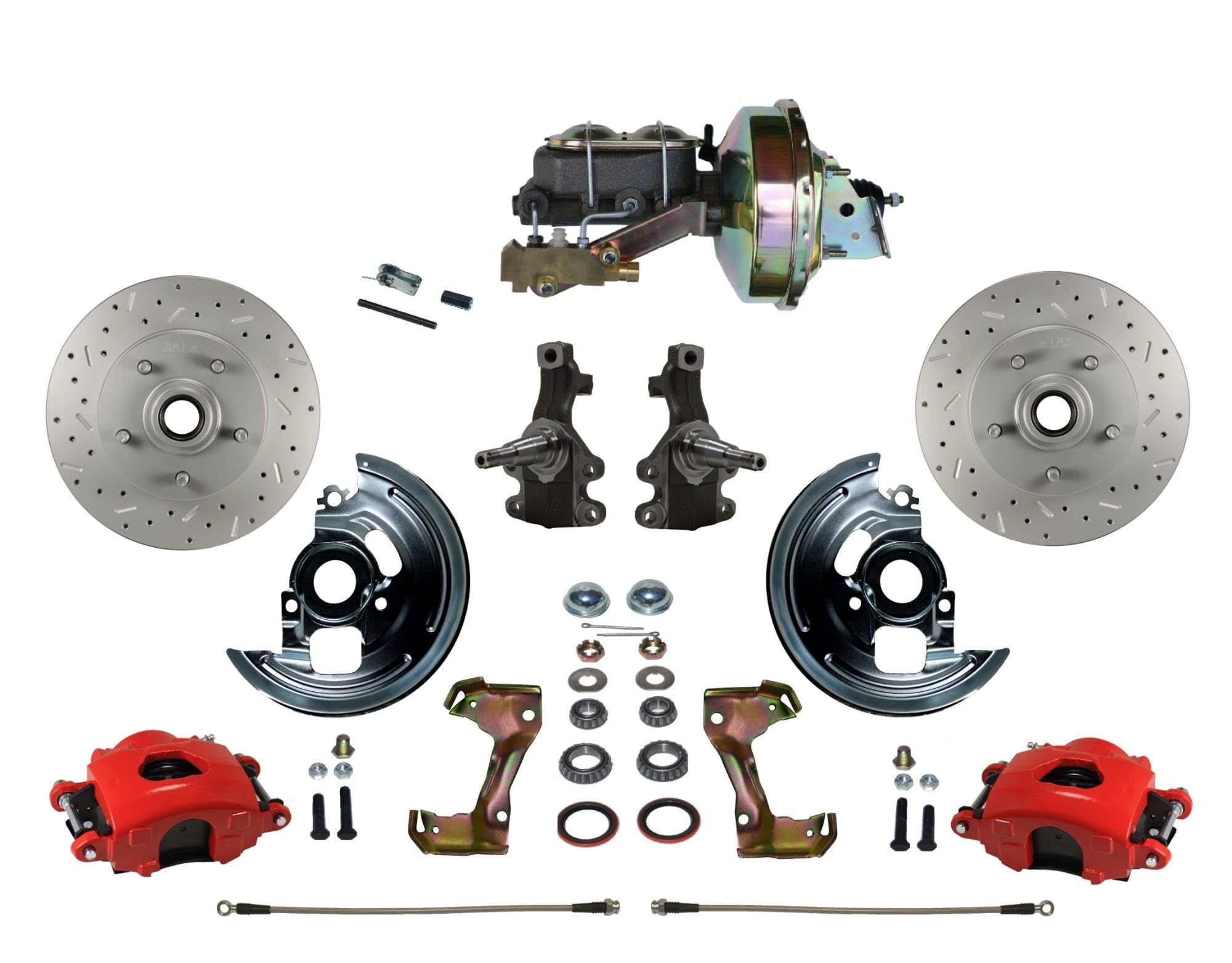 Power Brakes Leed Front Disc Brake Kit 2" Drop Spindle Drilled And Slotted Rotors Red Powder Coated Calipers 9" Booster Disc/Disc