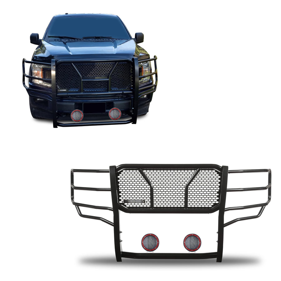 Heavy Duty Black Horse Rugged Grille Brush Bumper Guard Modular Black Come with Pair of 5.3" Dia.LED Lights with Red Trim Rings Compatible with 2015-2020 Ford F-150-RU-FOF115-B-PLFR