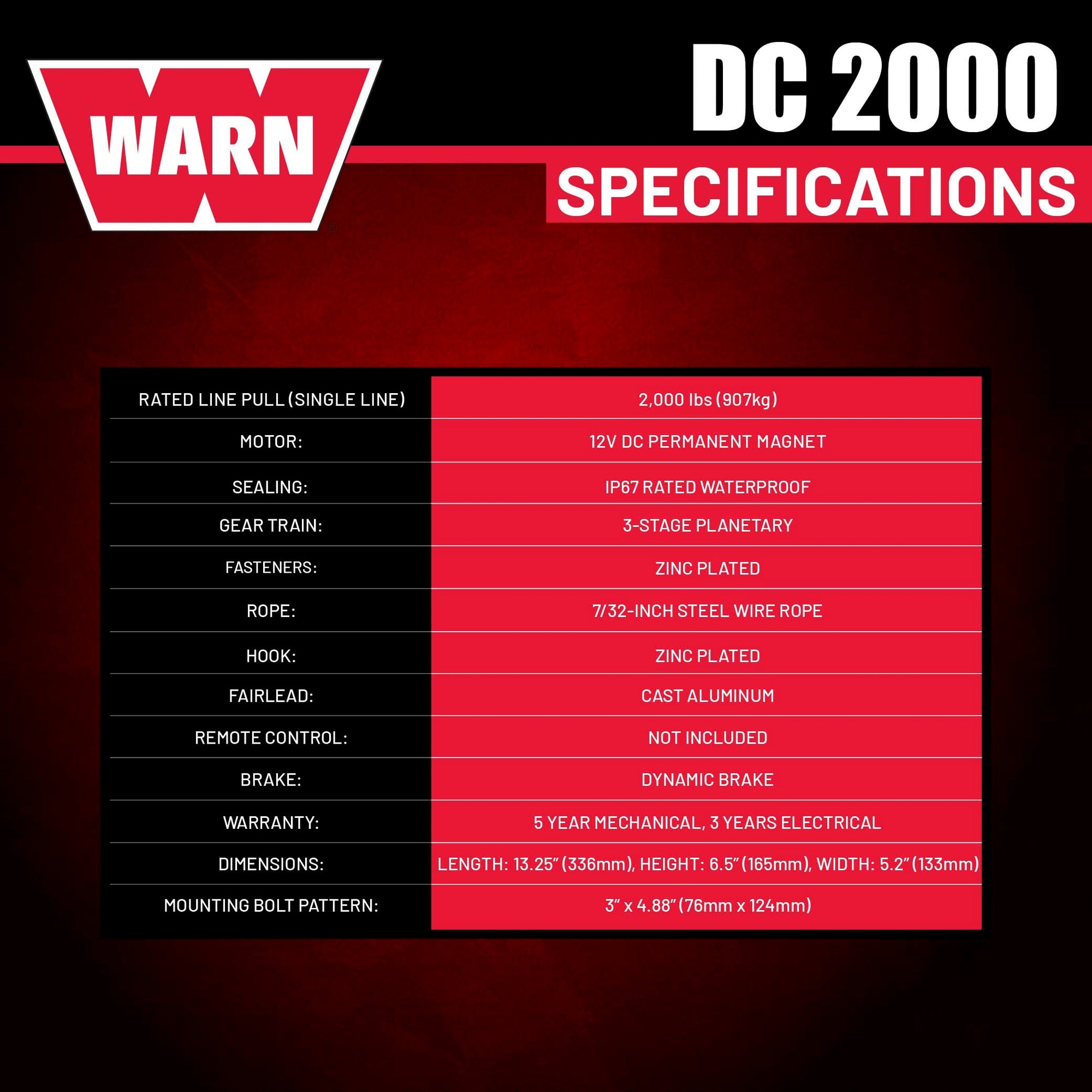 2000 WARN DC 12V Electric Winch, 2000 lb Pulling Capacity | Steel Cable, Hook & Corded Remote | Portable, Compact Power for Trailers, ATVs, Workshops, and General Utility Lifting & Pulling