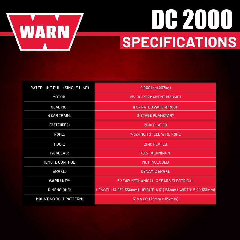 2000 WARN DC 12V Electric Winch, 2000 lb Pulling Capacity | Steel Cable, Hook & Corded Remote | Portable, Compact Power for Trailers, ATVs, Workshops, and General Utility Lifting & Pulling