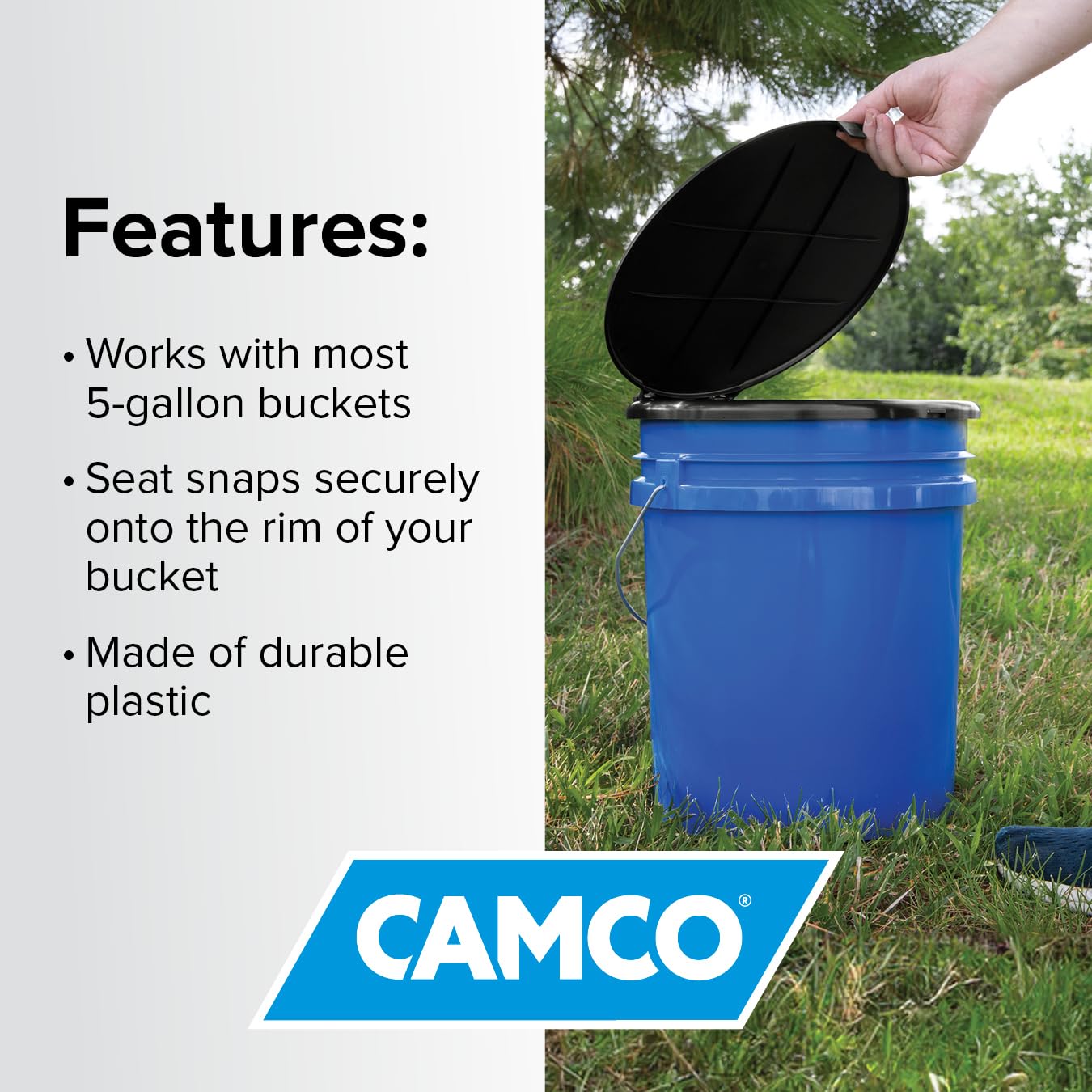Bucket Toilet Seat with Lid Camco - Converts Standard 5 Gallon Bucket into Portable Toilet for Camping - Convenient Camping Toilet for Hunting & More - Includes 3 RV Toilet Waste Bags (41546)