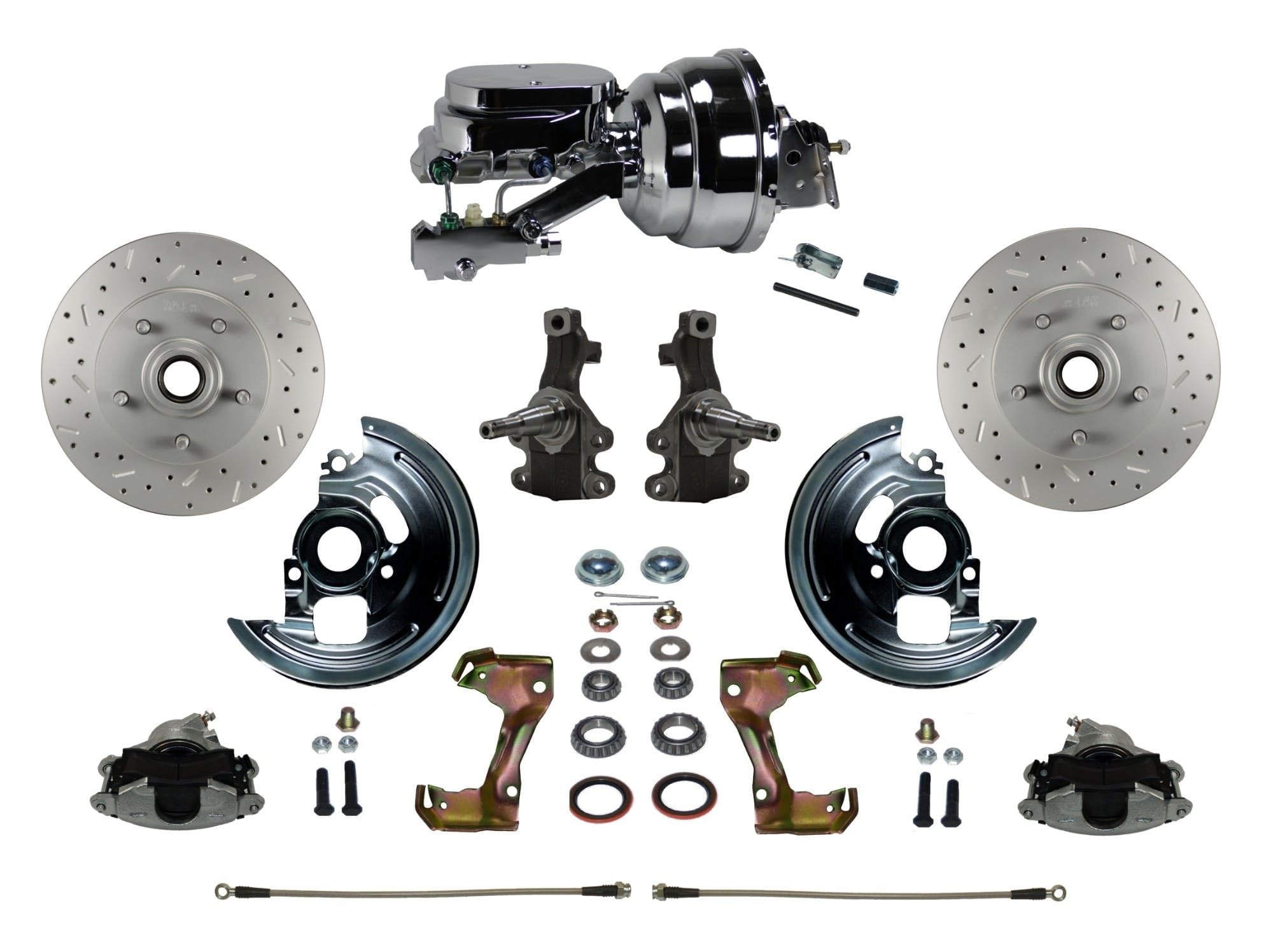 Power Front Disc Brake Conversion Kit LEED BRAKES Cross Drilled And Slotted Rotors With 8" Dual Chrome Booster Flat Top Chrome M/C Disc/Disc Side Mount