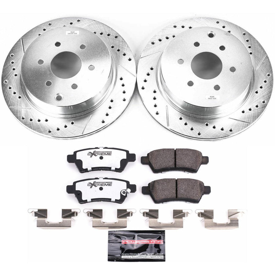 Rear Brake Kit Power Stop For 2005 2006 2007 2008 2009 2010 2011 2012 Nissan Pathfinder - Truck & Tow Carbon Fiber Ceramic Brake Pads & Drilled and Slotted Rotors Replacement, K147-36