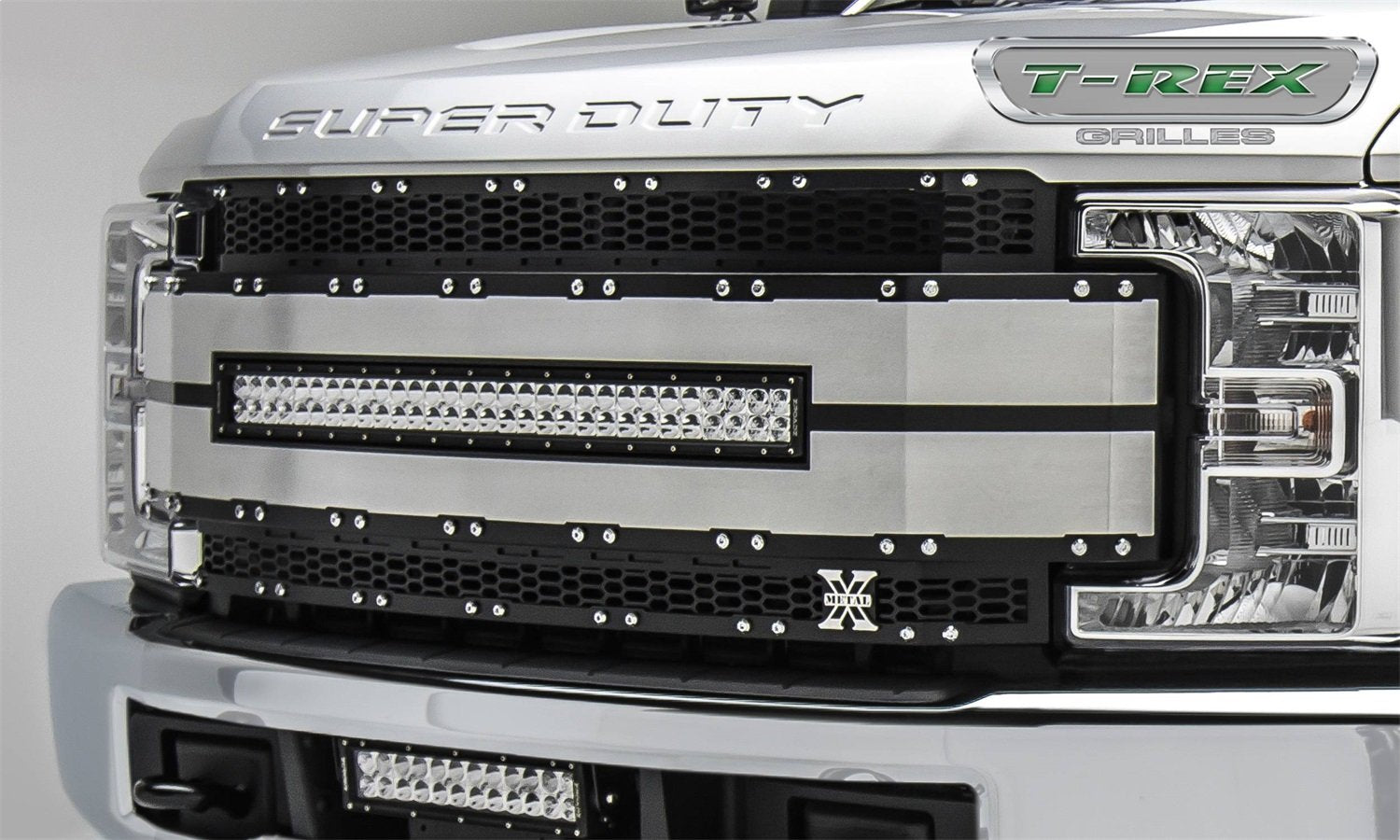 T-Rex Grilles Torch AL Grille 2017-2019 Super Duty, Black Mesh, Brushed Trim, 1 Pc, Replacement, Chrome Studs with (1) 30" LED, Fits Vehicles with Camera - PN #6315493