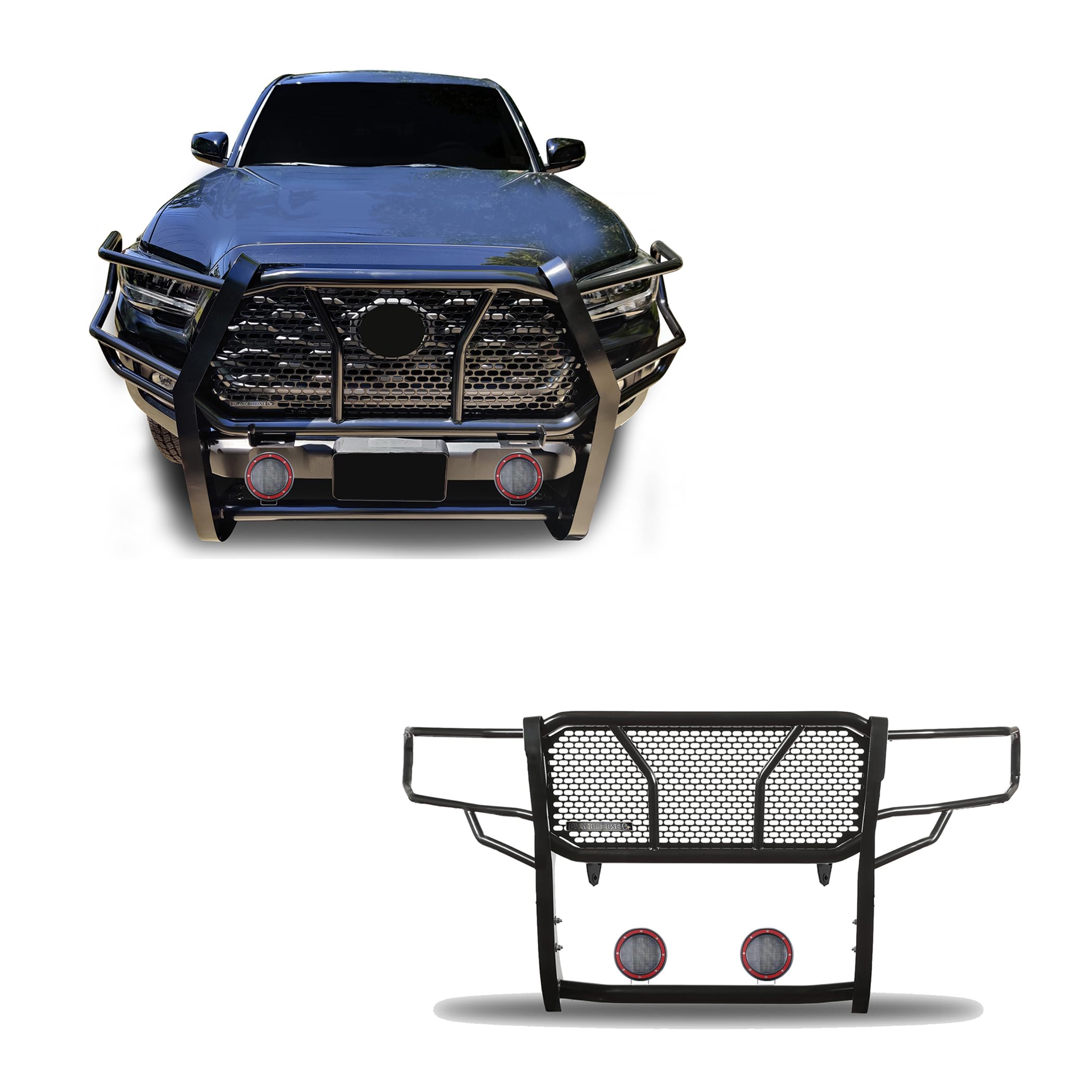 Heavy Duty Black Horse Rugged Grille Brush Bumper Guard Modular Black Come with Pair of 5.3" Dia.LED Lights with Red Trim Rings Compatible with 2016-2023 Toyota Tacoma-RU-TOTA16-B-PLFR
