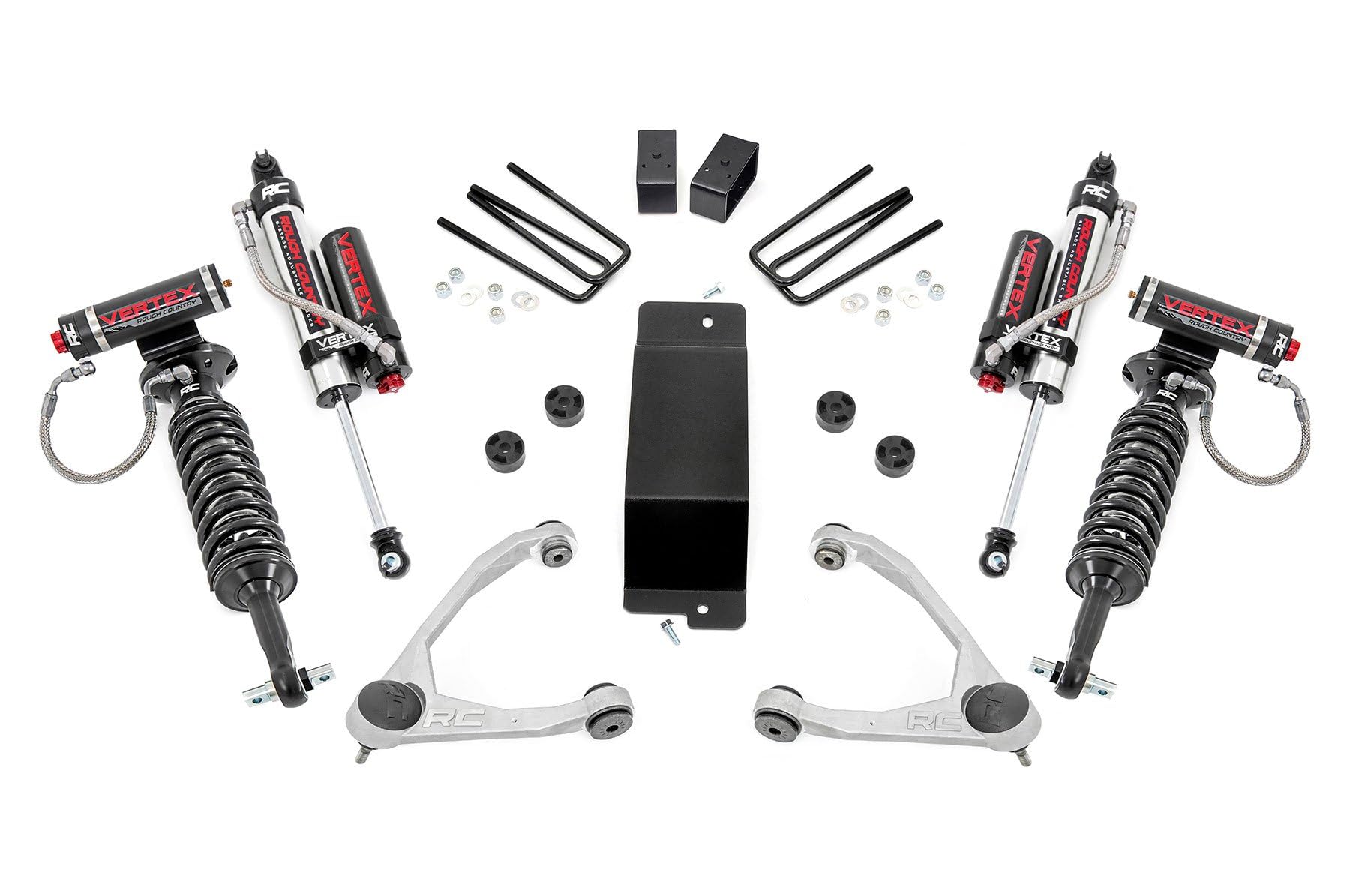 Rough Country 3.5" Lift Kit with Vertex Coilovers/Vertex Rear Shocks for GMC Sierra & Chevy Silverado 1500 (2007-2016) - Silver Control Arms