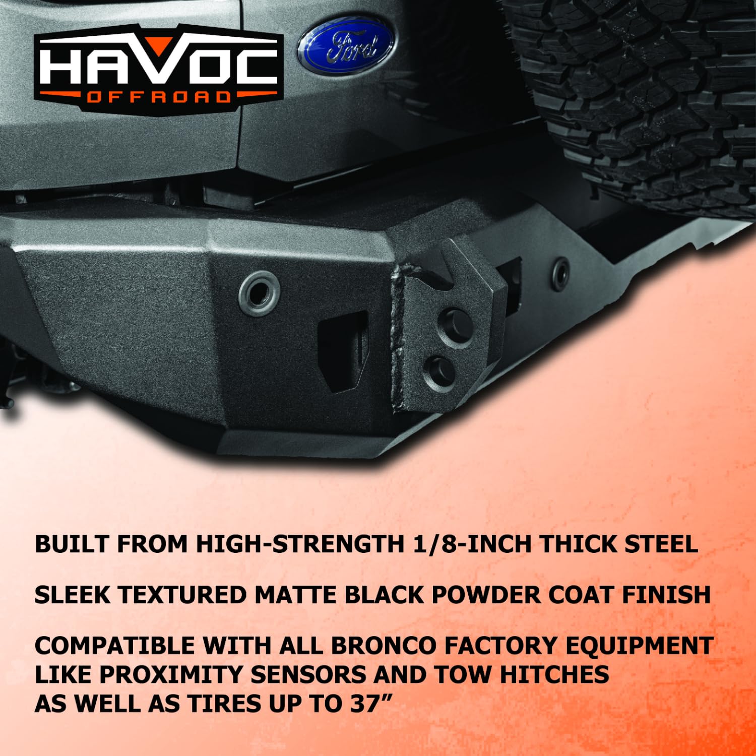 Steel Bender Rear Bumper HAVOC OFFROAD for Ford Bronco | Light Mounts, Integrated Lift Points, Black | HFB-03-002 | 2021-2025 Ford Bronco