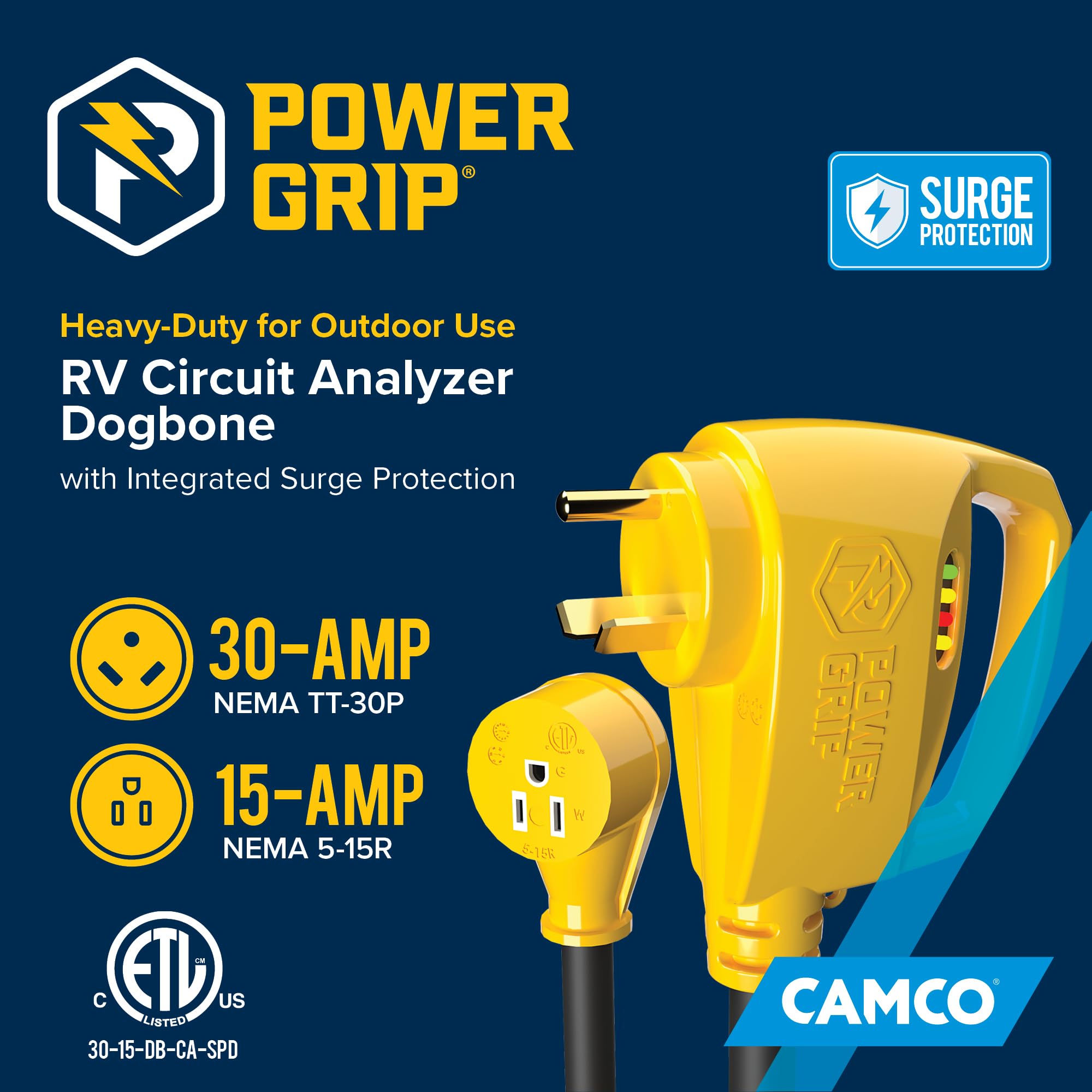 Camco Power Grip 30-Amp RV 12" Circuit Analyzer Dogbone - Features Integrated Surge Protection & Fault Indication, 12", 30-Amp Male to 15-Amp Female, 125V / 1875W (55461)