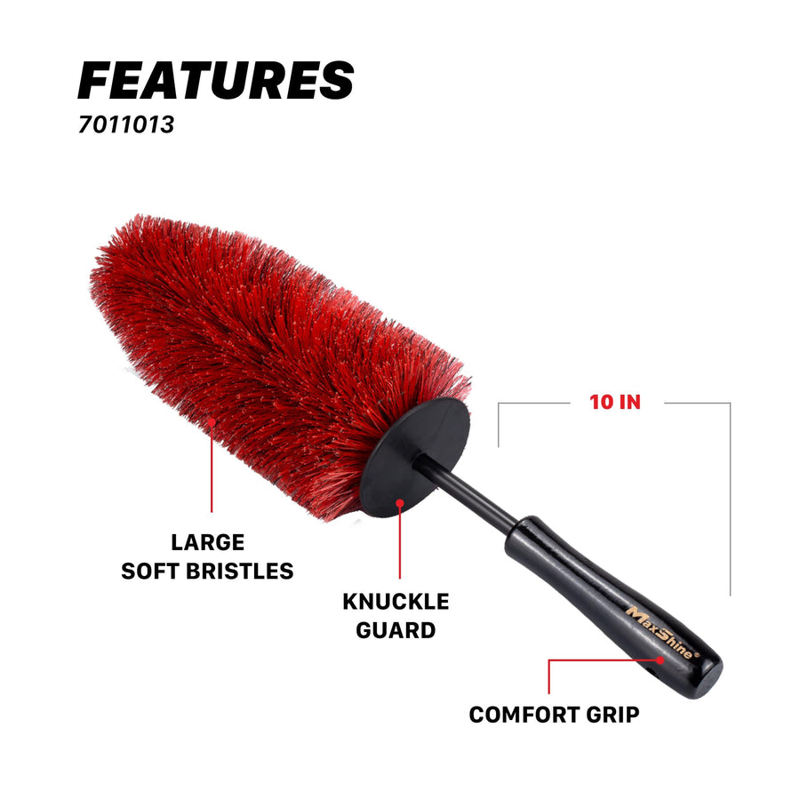 Wheel & Rim Brush Maxshine 10” (Red & Black) | Large Soft Bristle PP Material with Comfort Grip & Knuckle Guard | Scratch-Free Wheel Cleaning Brush | Universal Car Detailing Tool for Rims & Tires