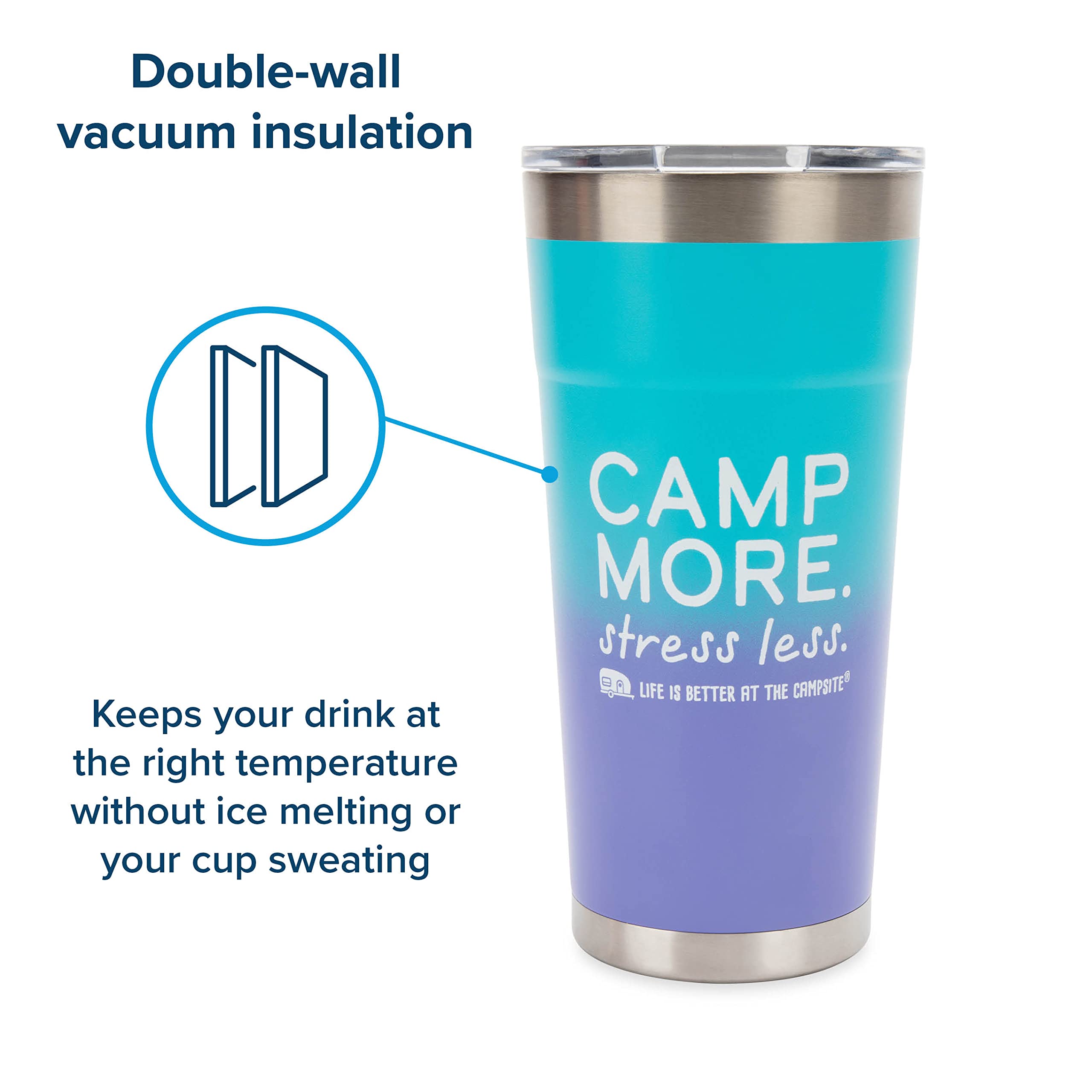 Camco Painted Stainless Steel Tumbler is Better at The Campsite Life - Features Double Wall Vacuum Insulation for Heat/Ice Retention & Unique Camp More, Stress Less Design - Holds 20 oz. (53317)