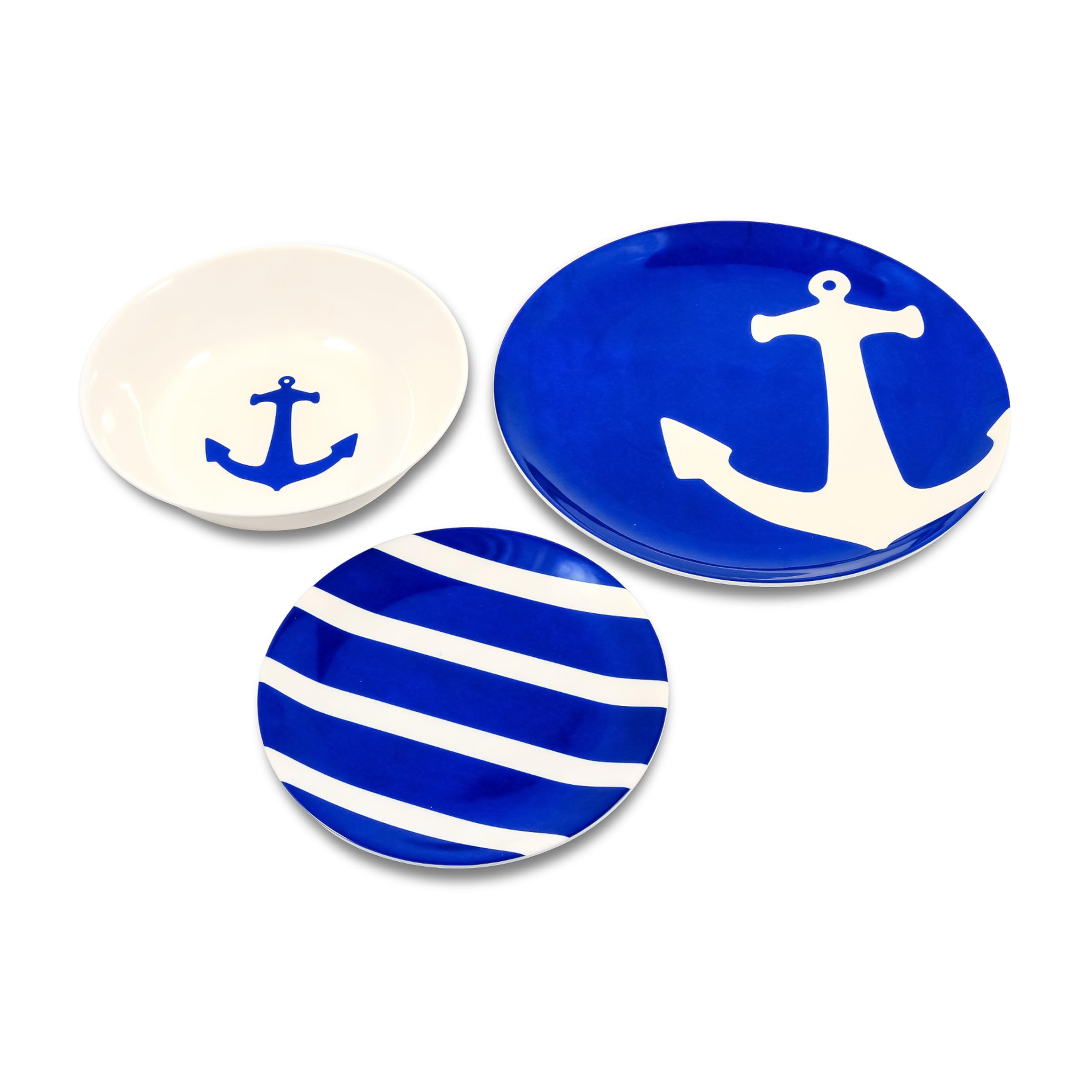 12 Piece Camco Melamine Dishware Set - Features Blue and White Nautical Design - Includes 4 Bowls, 4 Salad Plates, & $ Dinner Plates - Dishwasher Safe Dish Set (41951)