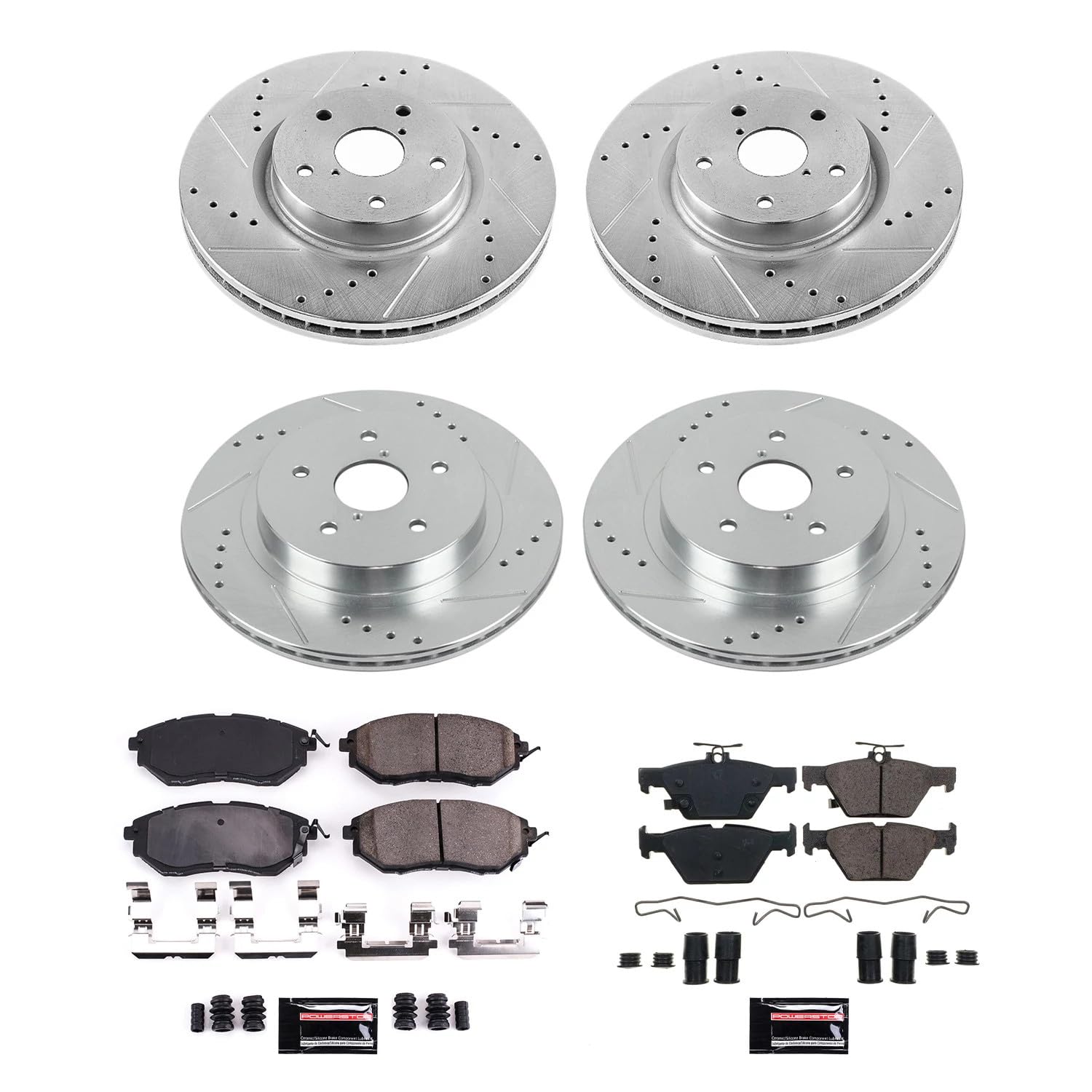 Power Stop K7028 Z23 Carbon Fiber Brake Pads Front and Rear with Drilled and Slotted Brake Rotors Brake Kit For Subaru Legacy 3.6R Outback WRX
