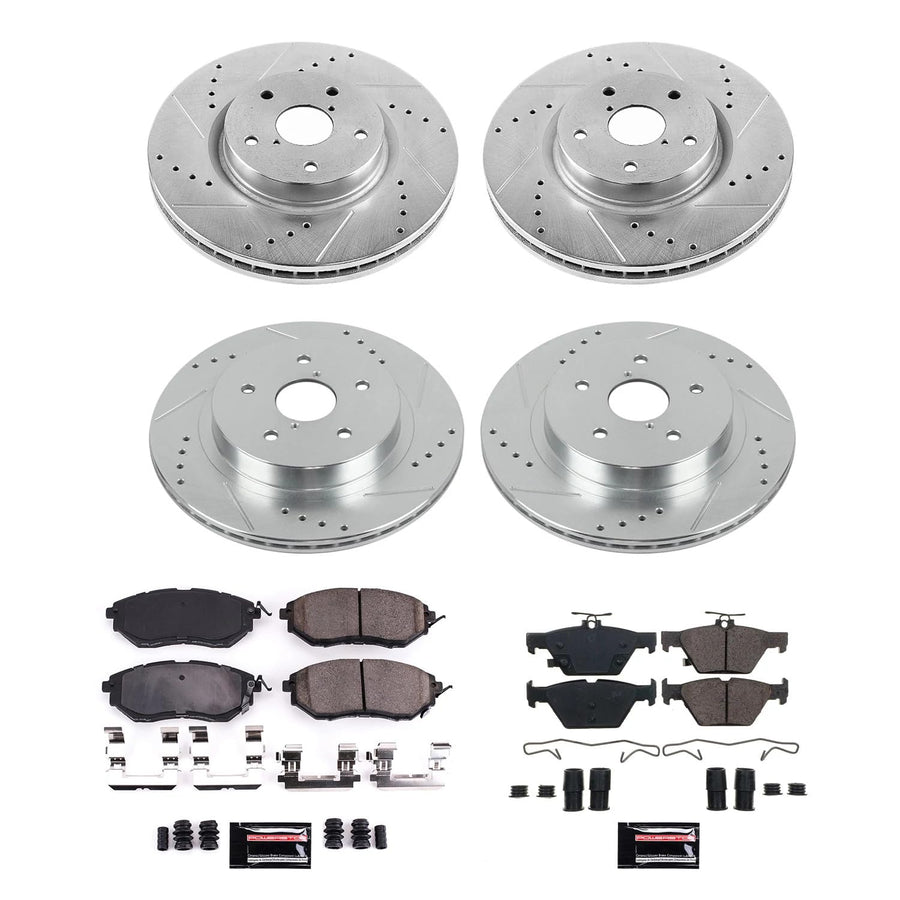 Power Stop K7028 Z23 Carbon Fiber Brake Pads Front and Rear with Drilled and Slotted Brake Rotors Brake Kit For Subaru Legacy 3.6R Outback WRX