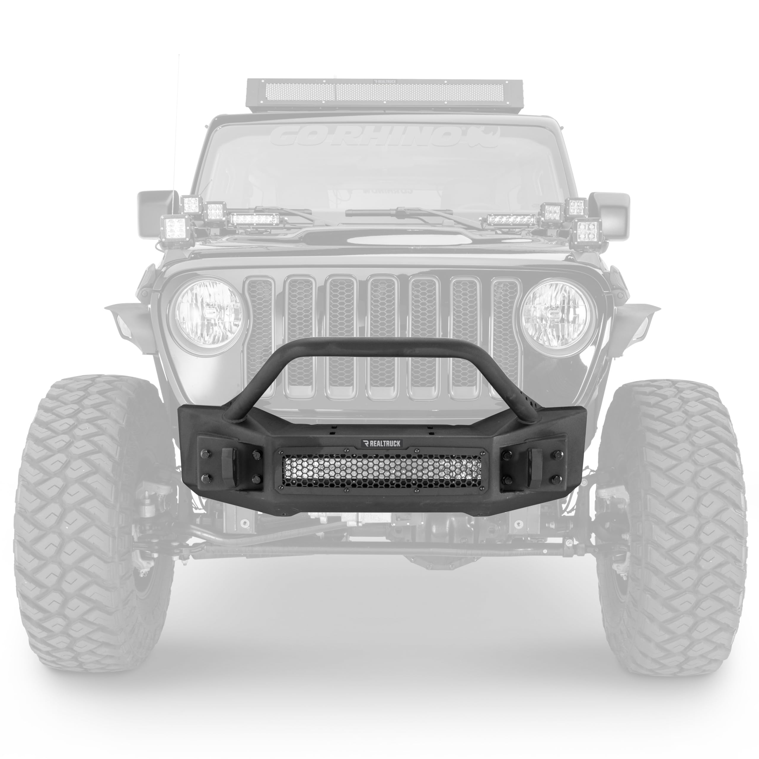Rockline Go Rhino Stubby Front Bumper w/ Overrider | Galvanized Steel, Textured Black | 331101T | Fits 2007 - 2024 Jeep Wrangler JL, JLU, JK, JKU, Gladiator JT, 2-Door or 4-Door