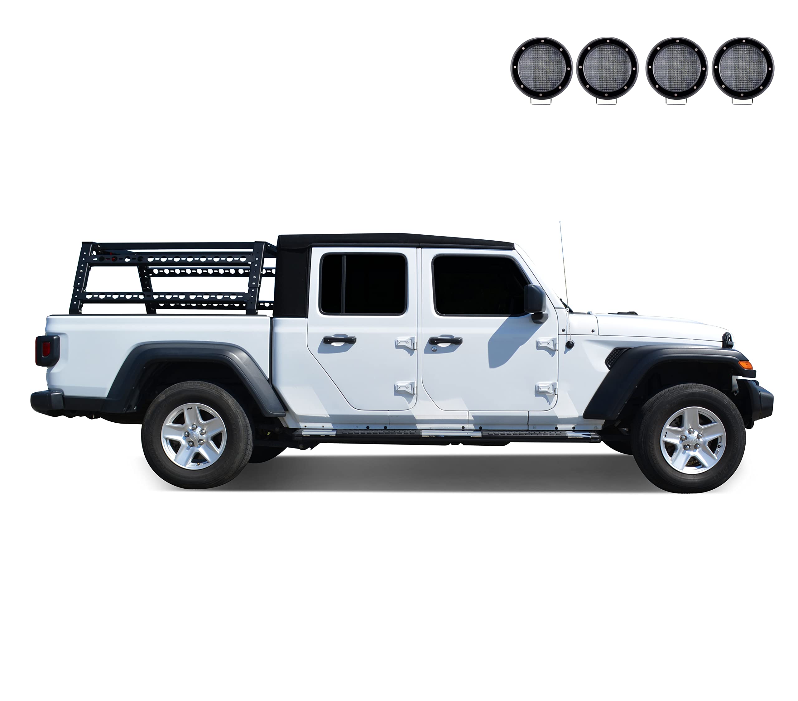 Overland Black Horse Bed Rack Incl.Set of 5.3" Dia.LED Light w/Black Trim Rings Compatible with Full Size and Small Trucks, Dodge Ram,Gladiator, Titan, GMC, Chevrolet, Ford, Frontier-TR01B-PLFB