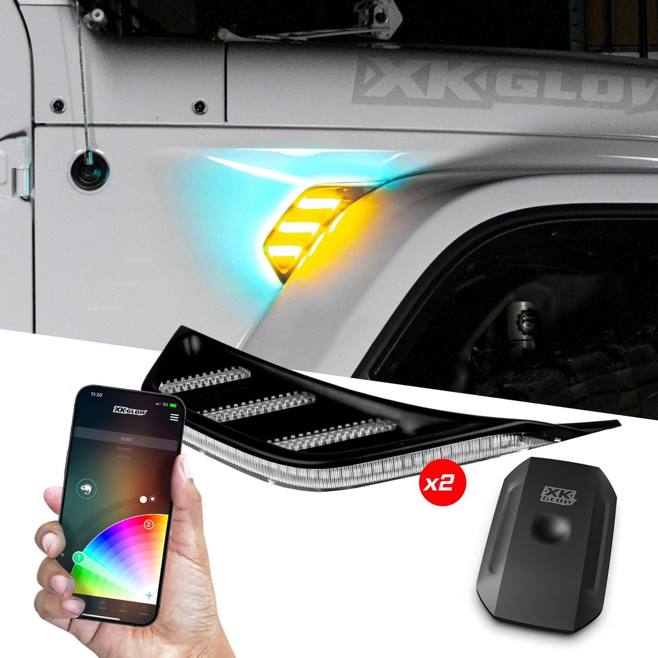 XK-Vent-RGB-JK Automotive RGB+Amber Fender Vent Light Turn Signal Running Light for Jeep JK | XKCHROME S