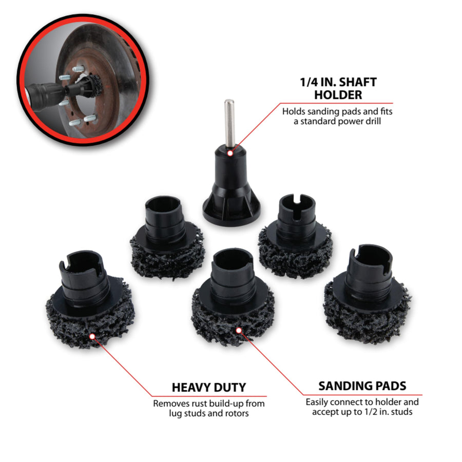 W80105 Performance Tool Wheel Hub Resurfacing Kit - Quick Rust Removal for Lug Studs and Rotors, Fits Power Drill, Includes Holder and 5 Pads