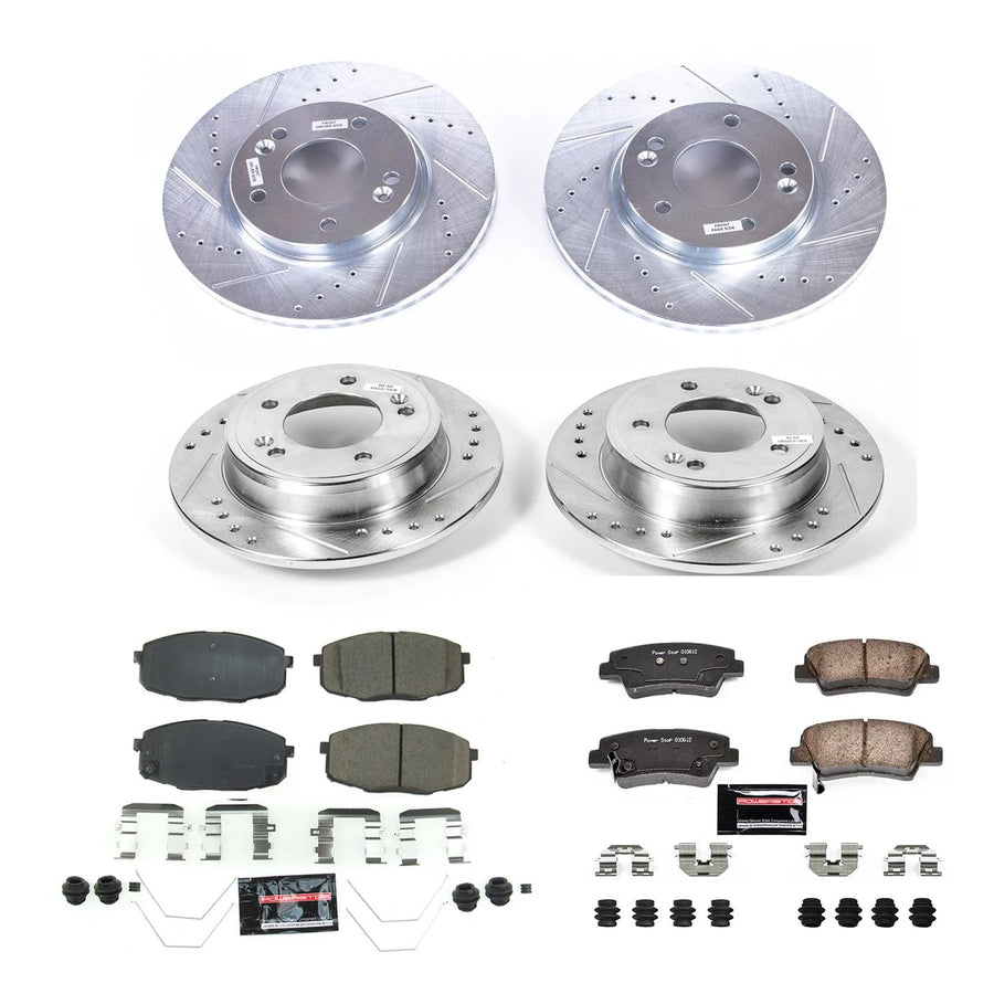 Power Stop K8008 Z23 Carbon Fiber Brake Pads Front and Rear with Drilled & Slotted Brake Rotors Kit For Kia Soul 2017-2019 [Model Specific]
