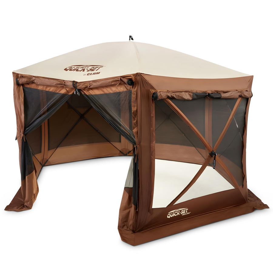 CLAM Large Pop Up Screen Tent, Outdoor Camping Gazebo Canopy, 12.5', Brown - Foldable and Portable Screened Shelter with Netting for Beach, Patio, and Backyard
