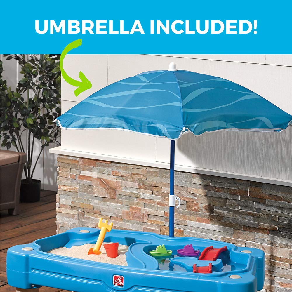 Step2 Sand and Water Table Cascading Cove, Kids Activity Sensory Playset, Comes with Umbrella, Summer Outdoor Toys, 7 Piece Toy Accessories, For Toddlers 1.5+ Years Old