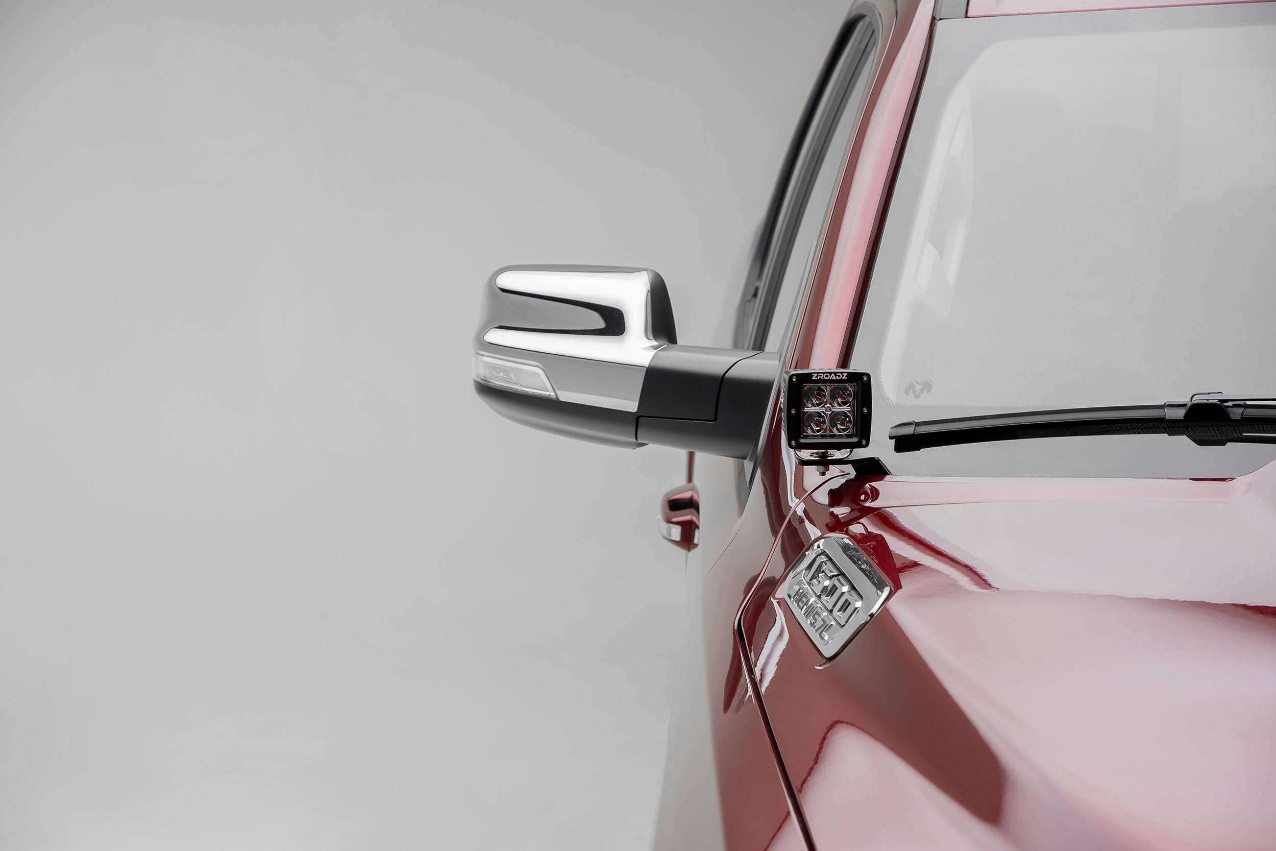 ZROADZ Hood Hinge Ditch LED Mounting Bracket - Compatible w/ 2019-2022 Ram Rebel - to Mount (2) 3 Inch LED Pod Lights - Mild Steel Gloss Black - Easy Bolt-On Installation - PN #Z364721
