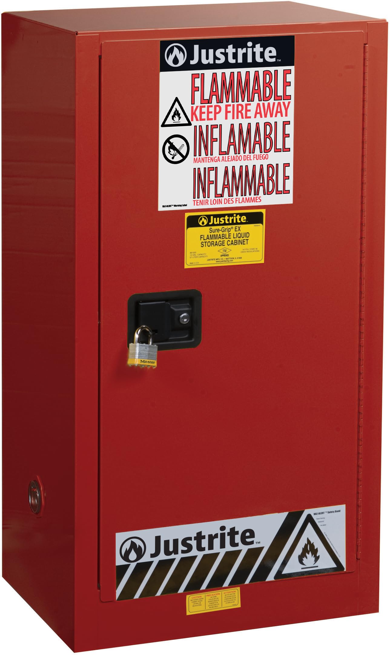Justrite 15 Gallon Flammable Storage Cabinet Self Close Countertop, 18 Gauge Steel, 1 Shelf, 1 Door Fire Cabinet, 44" x 23" x 18", Made in The USA, Red, 891521