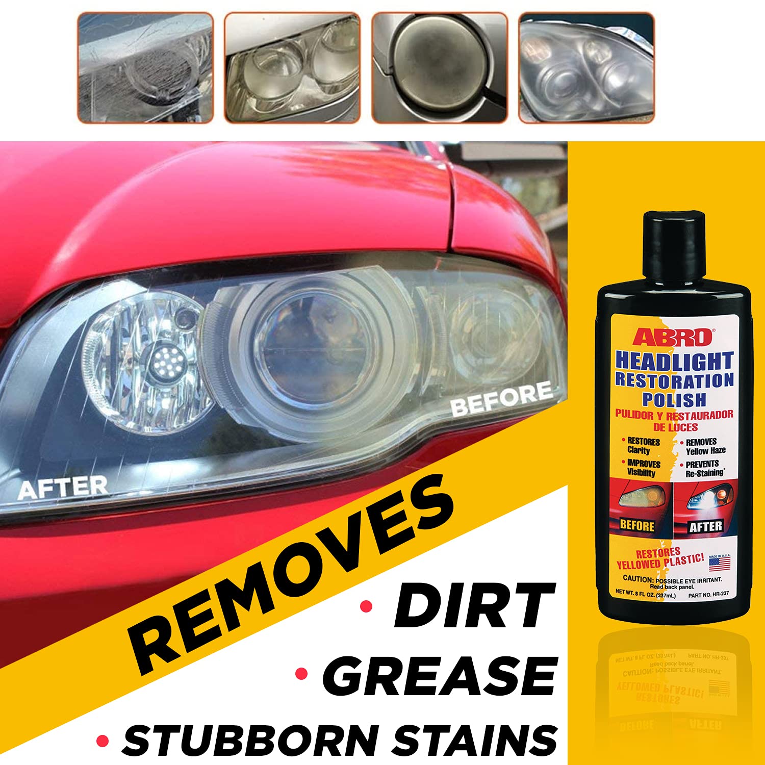 ABRO Headlight Restoration Polish, Crystal-Clear Brilliance, 8oz., Enhanced Visibility & Yellow Haze Elimination for Headlights and Taillights