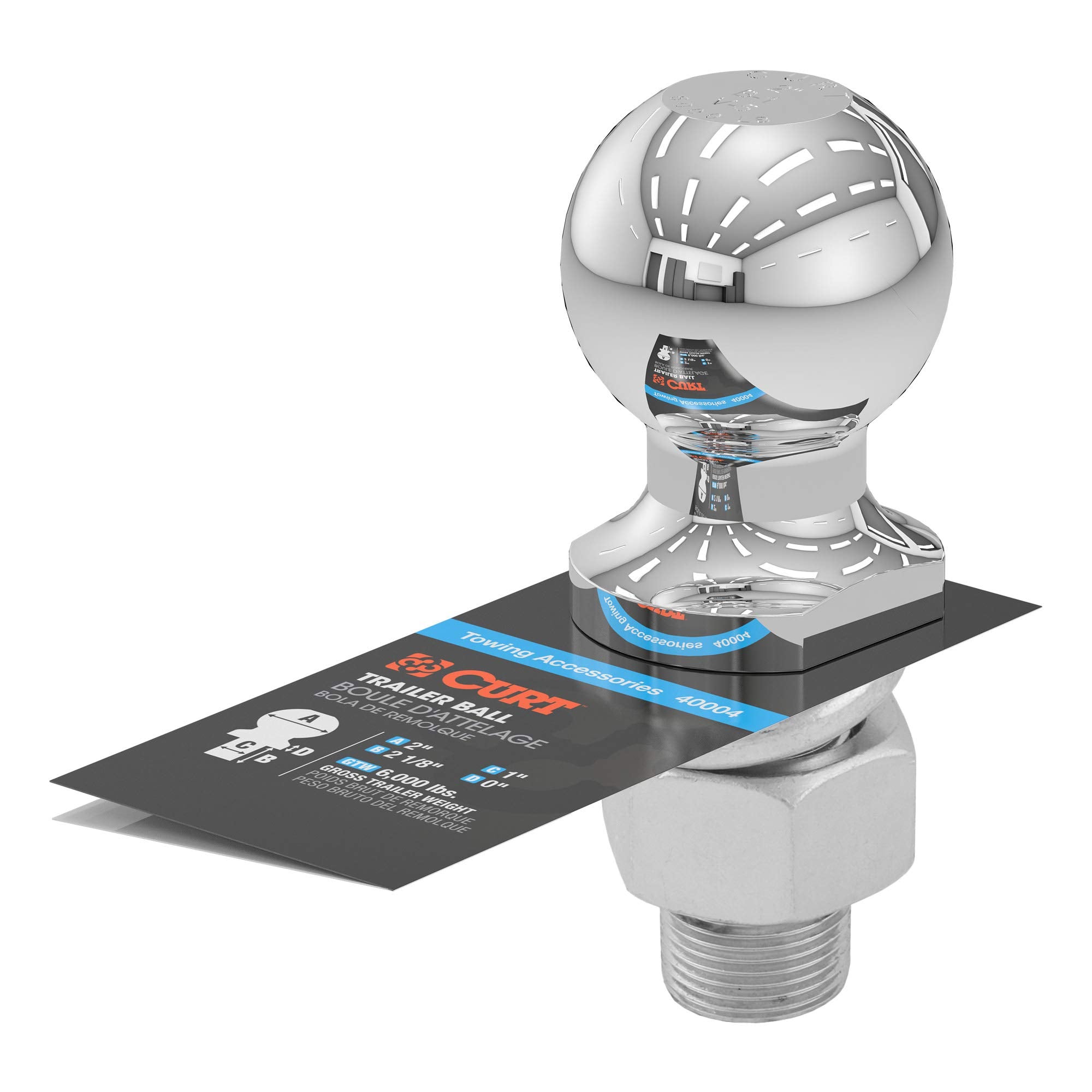 CURT 40004 Trailer Hitch Ball Chrome, 6,000 lbs, 2-Inch Diameter, 1 x 2-1/8-Inch Shank