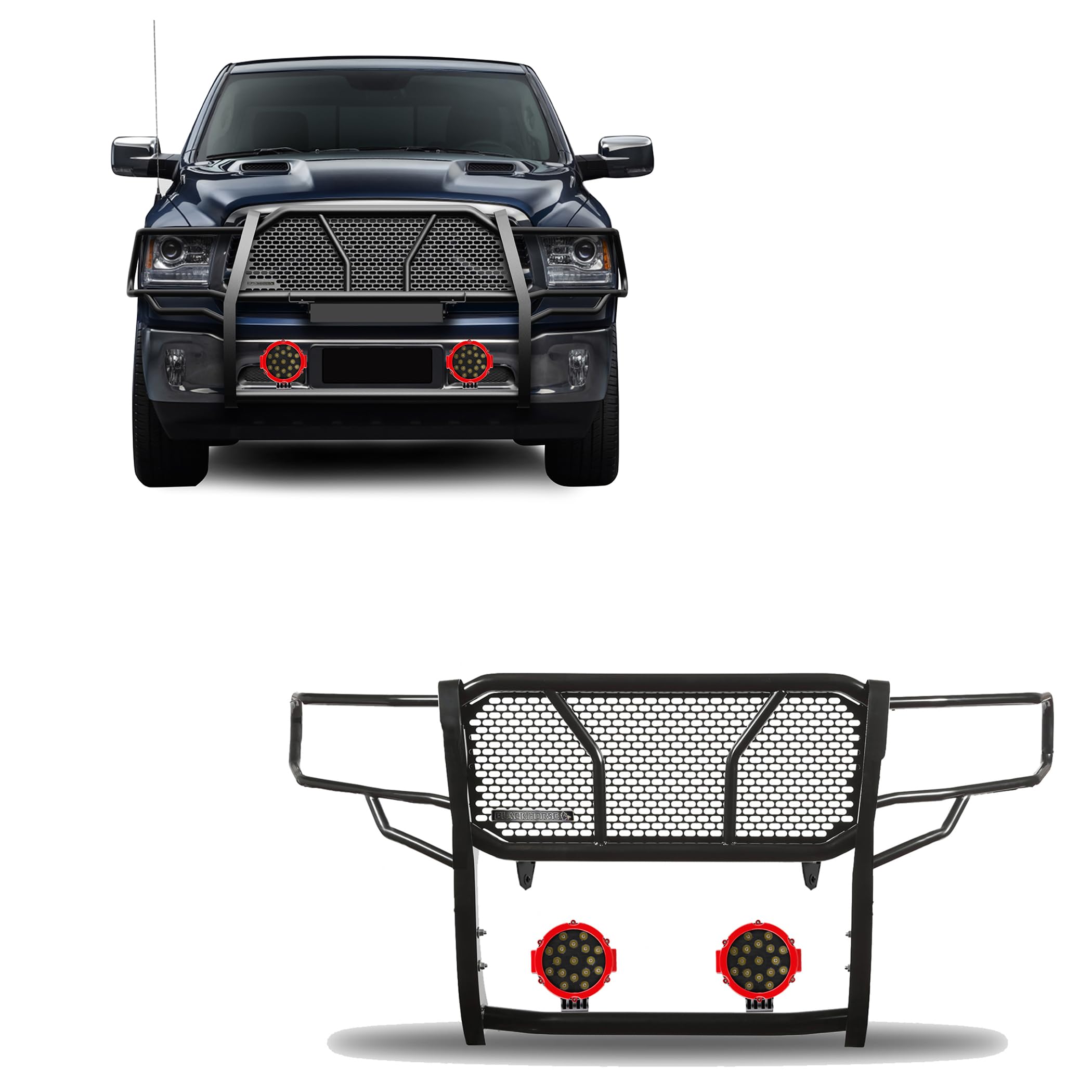RUGGED Black Horse Heavy Duty Grille Brush Bumper Guard Modular Black Come With pair of 7.0"LED Lights with Red Trim Rings Compatible with 2019-2024 Ram 1500 Classic|2009-2018 Ram 1500-RU-DORA09-B-PLR