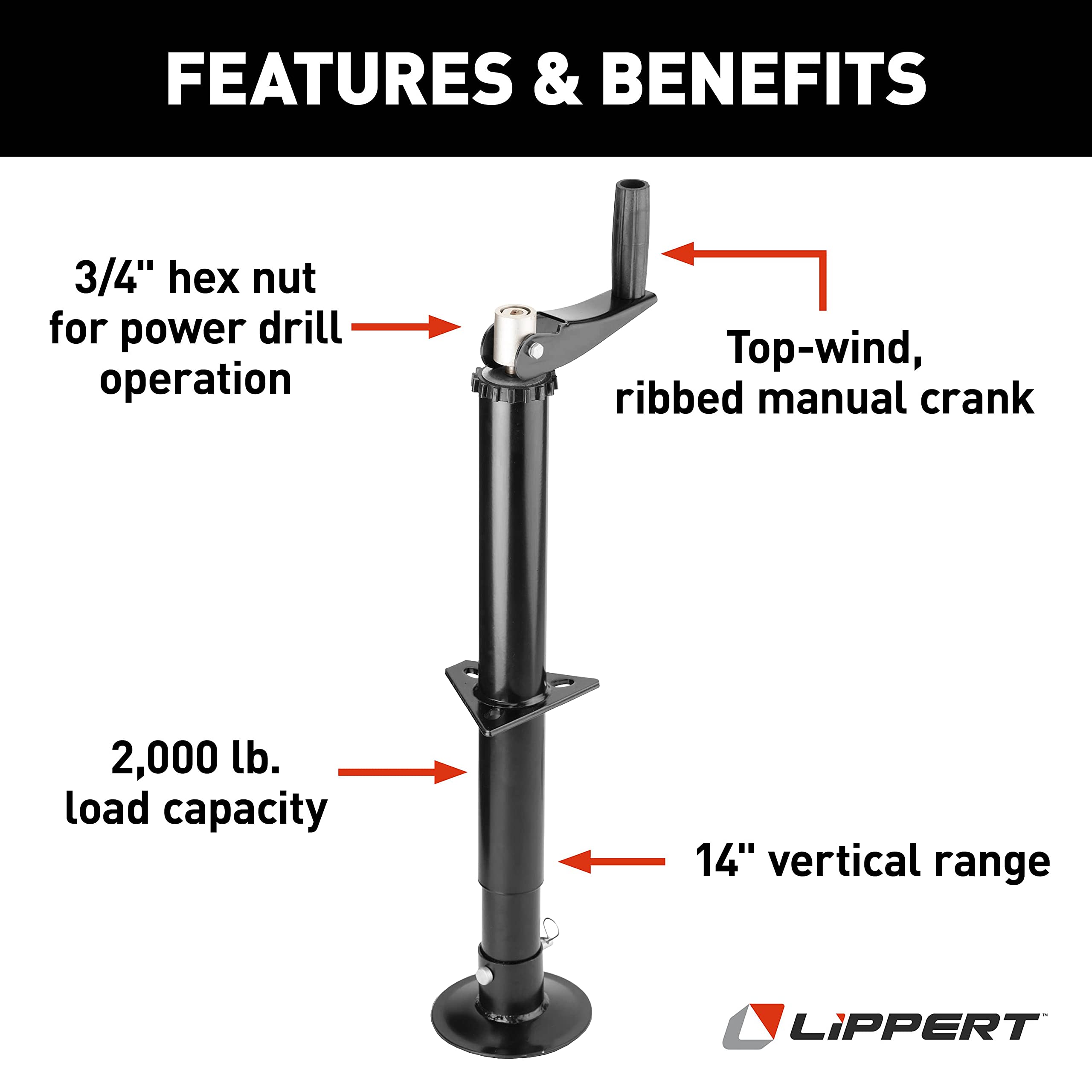 Lippert Quick Drop Tongue Jack for 5th Wheel RVs, A-Frame Travel, Cargo, and Utility Trailers, Black