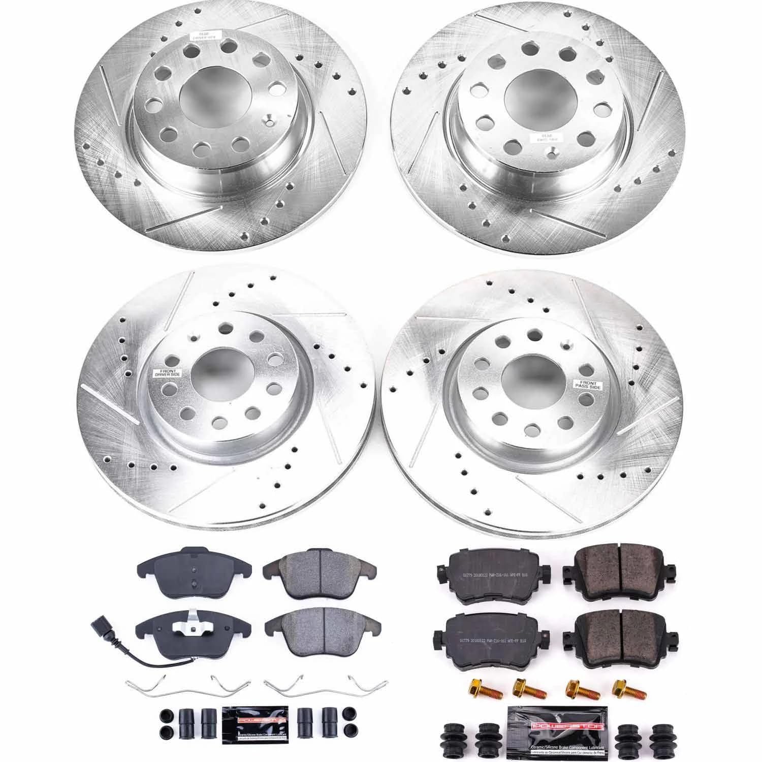 Power Stop K7501 Z23 Carbon Fiber Brake Pads Front and Rear with Drilled & Slotted Brake Rotors Kit For Volkswagen Passat 2015-2020 [Model Specific]