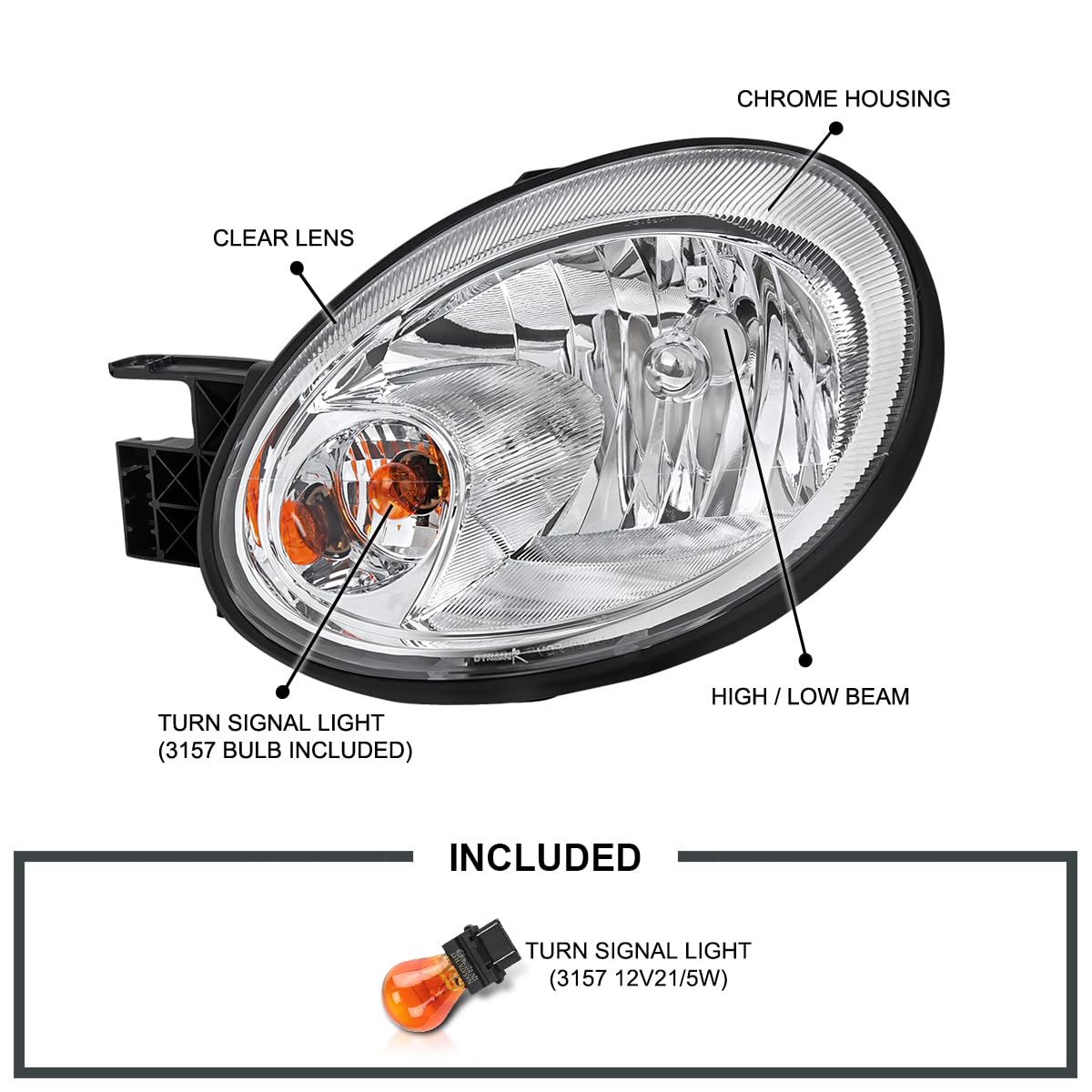 Chrome Factory Style Headlights SPEC-D TUNING Compatible with 2003-2005 Dodge Neon Sedan, Left + Right Pair Headlamp Assembly