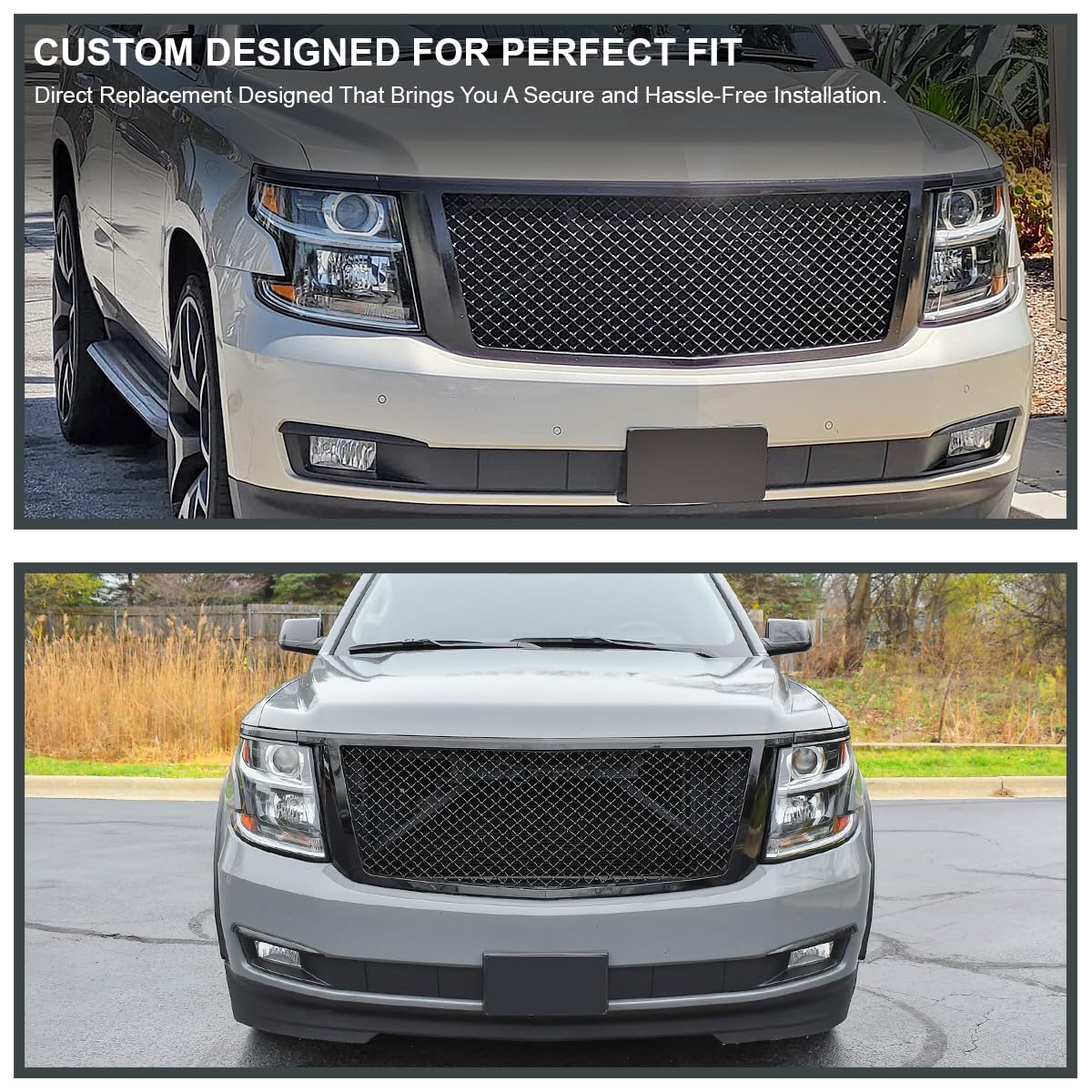 Polished Black Spec-D Tuning Front Hood Mesh Grille Compatible with 2015-2018 Chevy Tahoe, Suburban