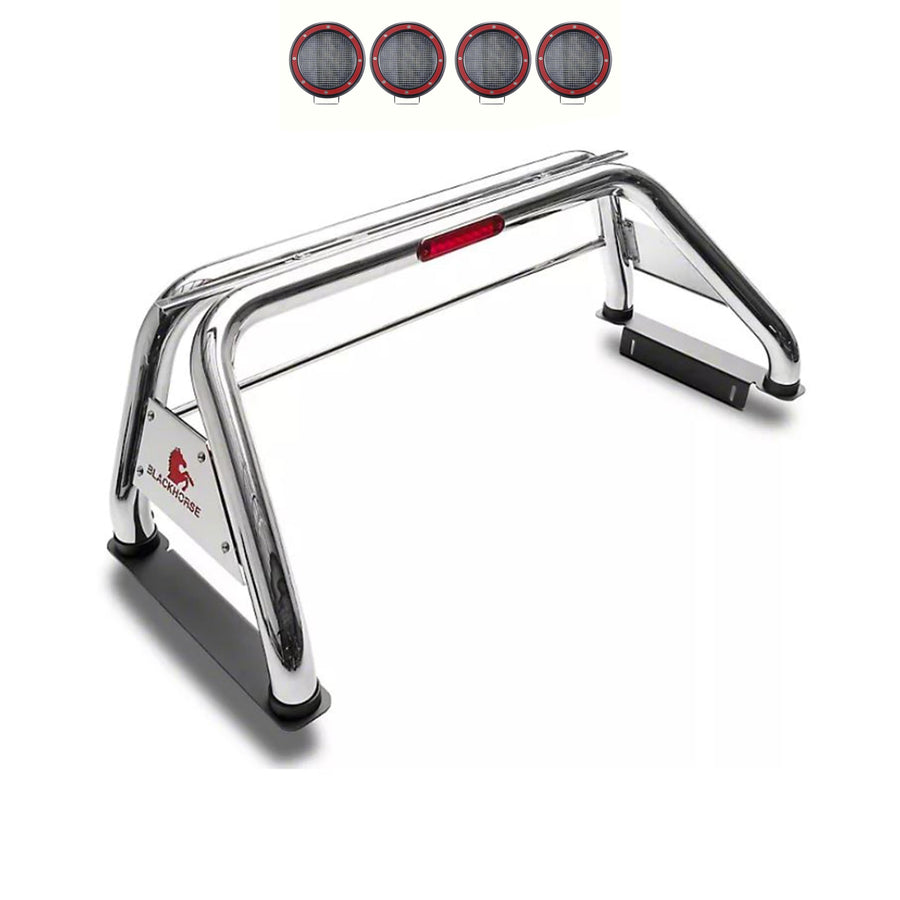 Roll Bar Black Horse Classic Incl. Set of 5.3" Dia.LED Lights w/Red Trim Rings Stainless Steel Compatible with 19-24 Ram 1500 Excludes Classic models-RB002SS-PLFR