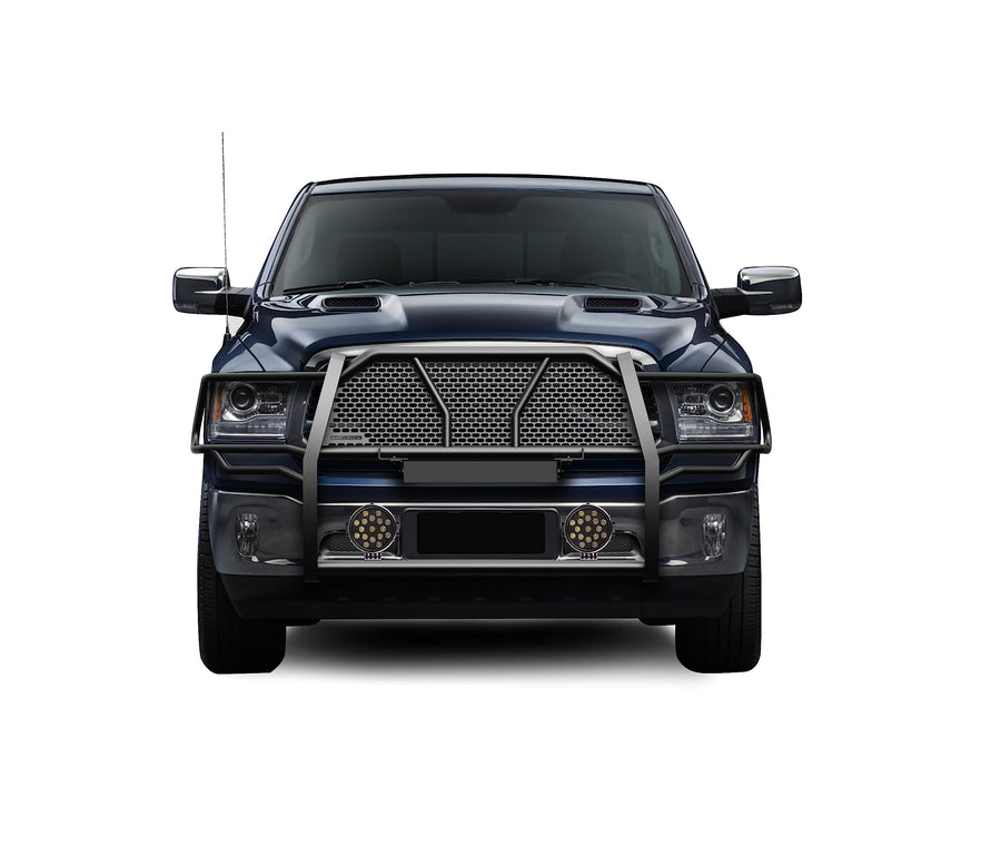 Heavy Duty Black Horse RUGGED Grille Brush Bumper Guard Modular Black Come With pair of 7.0"LED Light with Black Trim Ring Compatible with 2019-2024 Ram 1500 Classic|2009-2018 Ram 1500-RU-DORA09-B-PLB