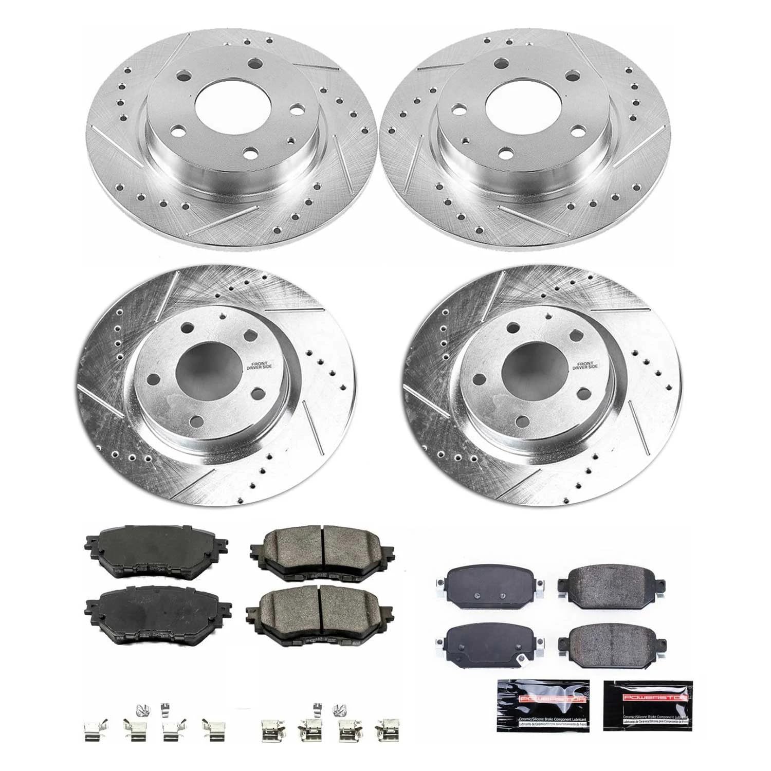 Power Stop K7518 Z23 Carbon Fiber Brake Pads Front and Rear with Drilled Slotted Brake Rotors Brake Kit For 2017 2018 Mazda 3 [Models Assembled in Mexico]