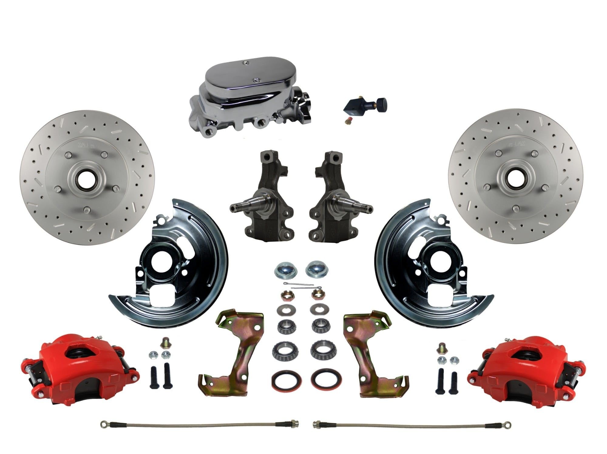 Brakes Leed Manual Front Disc Brake Kit 2" Drop Spindle Drilled And Slotted Rotors Red Powder Coated Calipers With Chrome M/C Adjustable Proportioning Valve