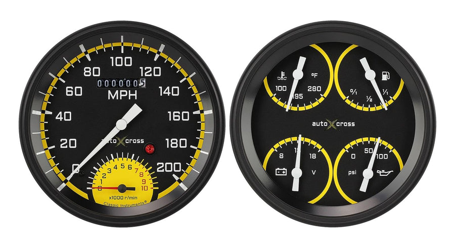 AX62YBLF Classic Instruments Autocross Yellow 4 5/8" Speedometer with Built in Tach & Quad Gauge - GM