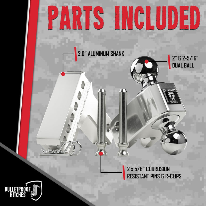2.0" BulletProof Hitches Aluminum Trailer Hitch (14,000 lb. Rating) - Adjustable Hitch with 2" Drop/Rise and 2" & 2-5/16" Dual Ball - Corrosion-Resistant Tow Hitch