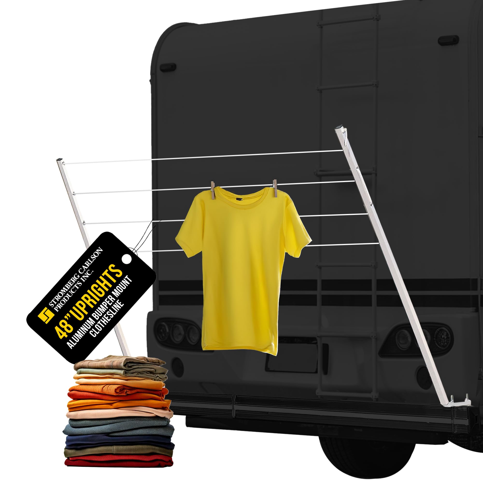 Stromberg Carlson Bumper Mounted CL-100 Clothesline - 48" aluminum foldable travel drying rack for RV Bumper, camper, and outdoor use; 84" hanging space, ideal RV clothesline and camping laundry rack.