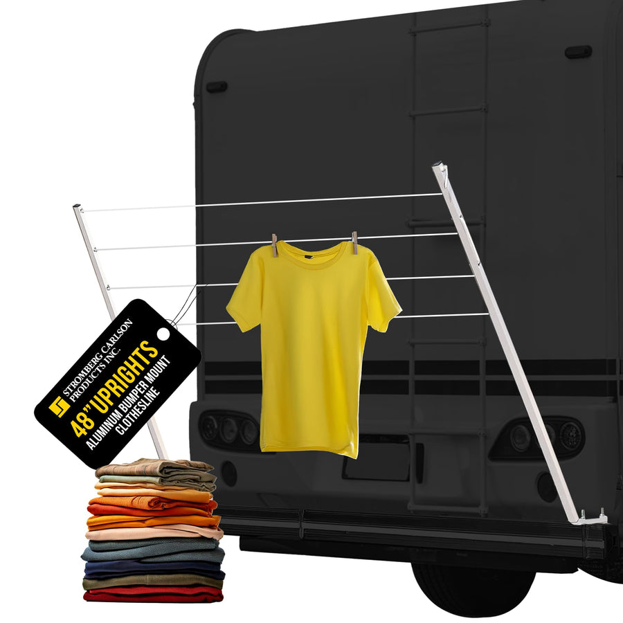 Stromberg Carlson Bumper Mounted CL-100 Clothesline - 48" aluminum foldable travel drying rack for RV Bumper, camper, and outdoor use; 84" hanging space, ideal RV clothesline and camping laundry rack.