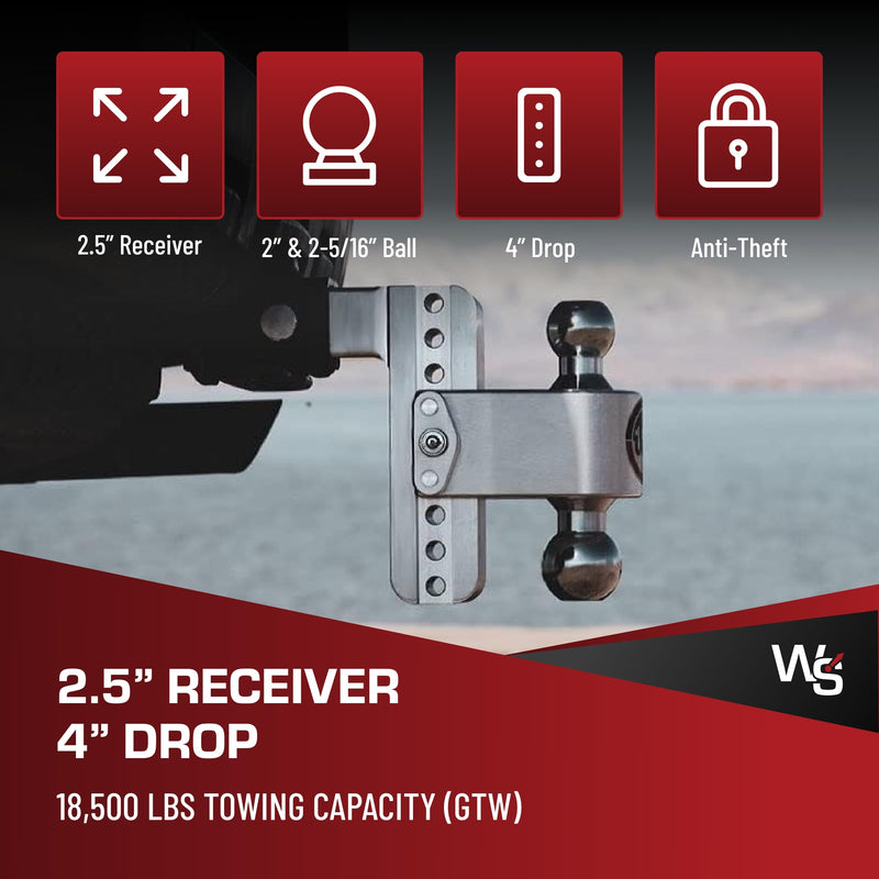 Weigh Safe Adjustable Hitch Ball Mount Trailer - 4" Adjustable Drop Hitch for 2.5" Receiver - Premium Heavy Duty Aluminum Trailer Tow Hitch w/Chrome Plated Tow Balls (2" & 2 5/16") - 18,500 GTW