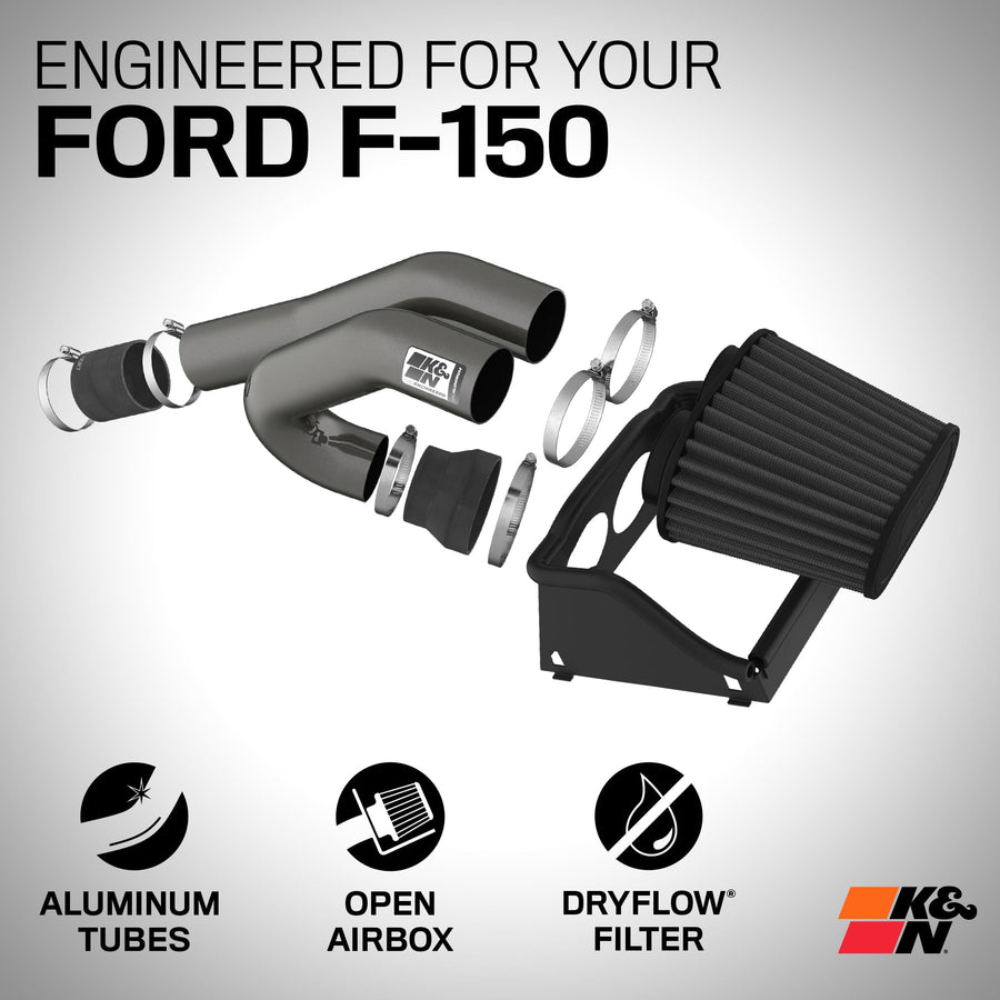 Cold Air Intake System K&N: Dry-Flow Air Filter, Increase Performance & Towing: Compatible with 2015-2025 FORD Expedition, F150, F150 Raptor, 30-2617KC