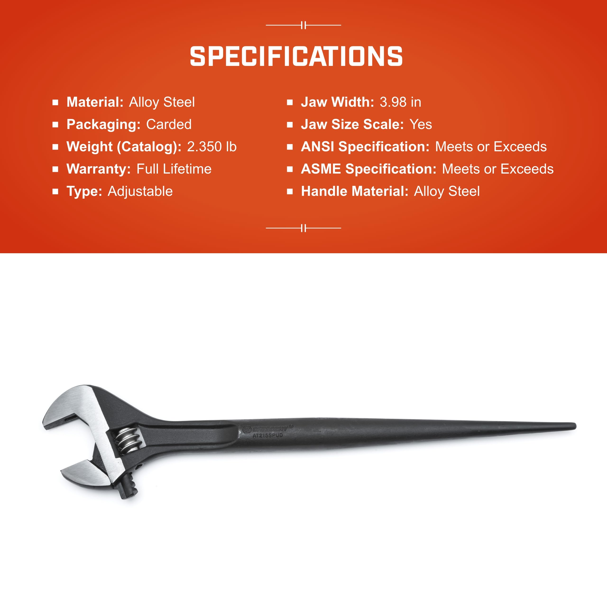 Crescent 16" Black Oxide Adjustable Construction Wrench - Home Improvement Hand Tool for Tight Spaces - Wide Mouth - AT215SPUD