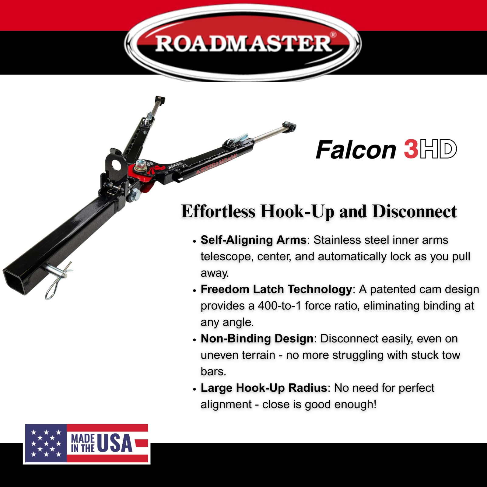 Falcon 3HD Roadmaster Tow Bar fits Roadmaster Baseplates | Hauls Up to 10,000 lbs | Self-Aligning Arms | Non-Binding Design | Large Hook-Up Radius | Powder-Coated Finish