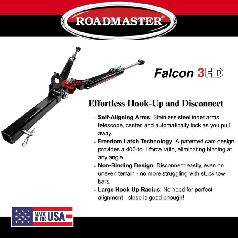 Falcon 3HD Roadmaster Tow Bar fits Roadmaster Baseplates | Hauls Up to 10,000 lbs | Self-Aligning Arms | Non-Binding Design | Large Hook-Up Radius | Powder-Coated Finish