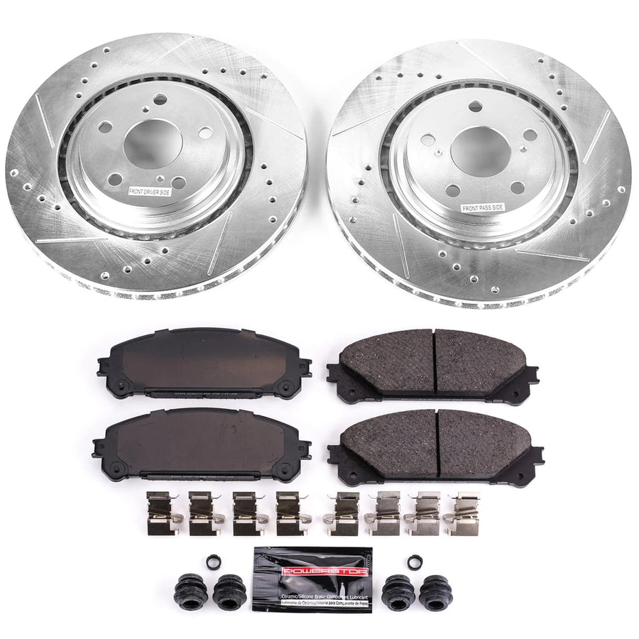 Brake Kit Power Stop For Lexus RX350 RX450h Toyota Highlander Sienna - Front Z23 Carbon Fiber Brake Pads with Drilled and Slotted Rotors Replacement, K4713