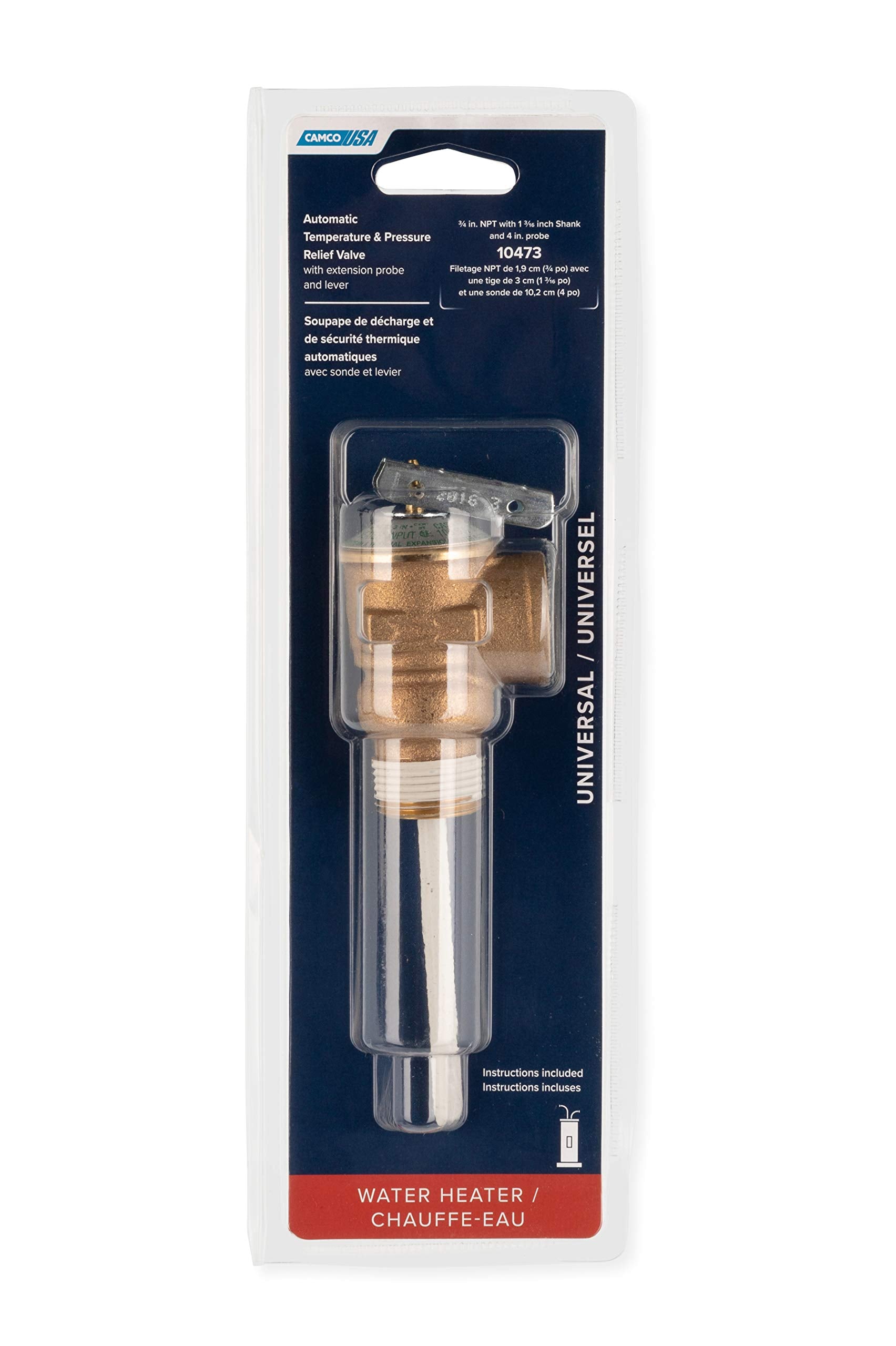 Automatic Temperature and Pressure Camco Relief Valve with Extension Probe and Lever | Features an All Brass Body with a Stainless Steel Pressure Spring | (10473)