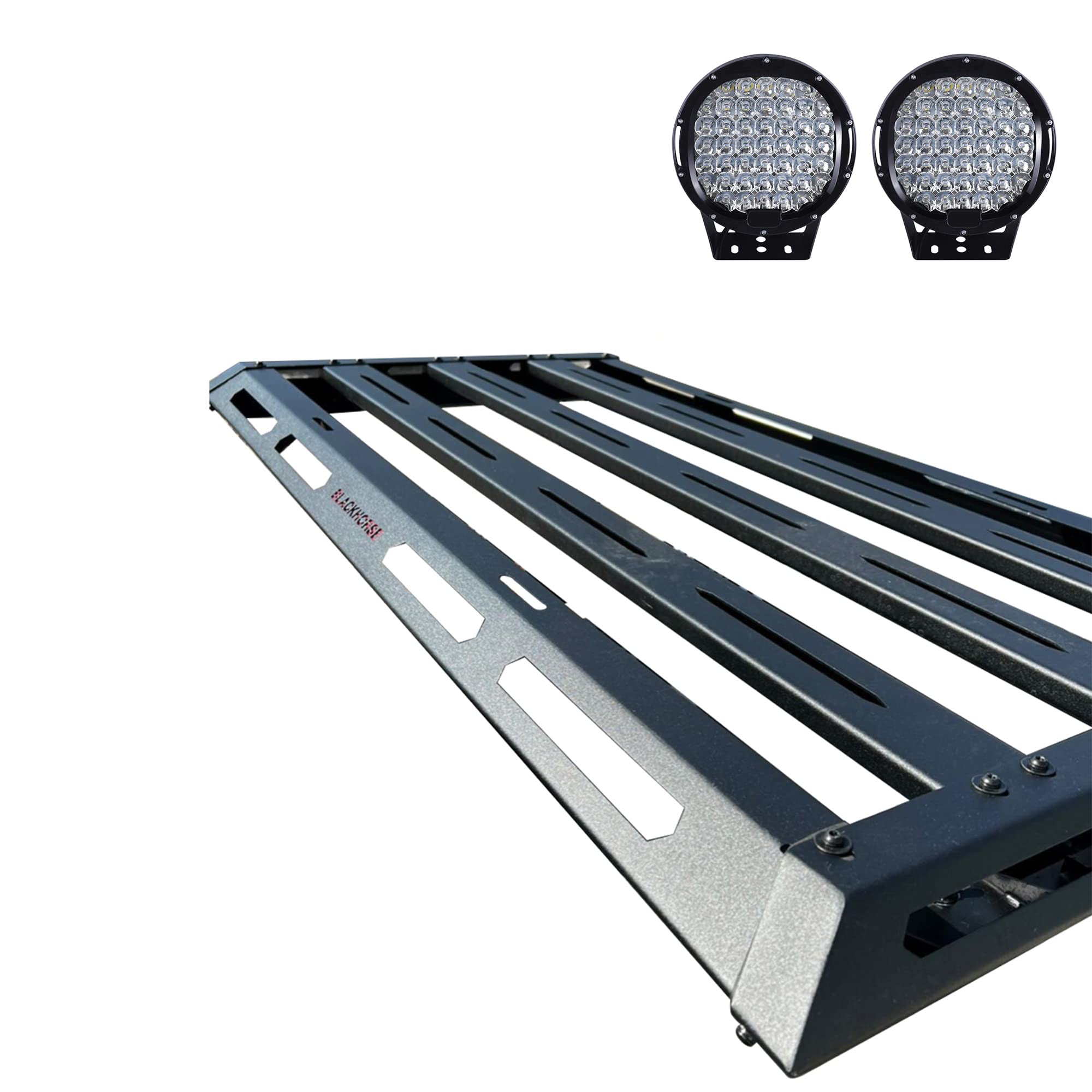 Black Armour II Horse Basket Incl.Set of 9 Black Round LED Light Compatible with 05-24 Toyota Tacoma|15-22 Colorado|15-22 GMC Canyon|19-24 Ford Ranger|05-21 Nissan Frontier-BA3AR2-PL69B